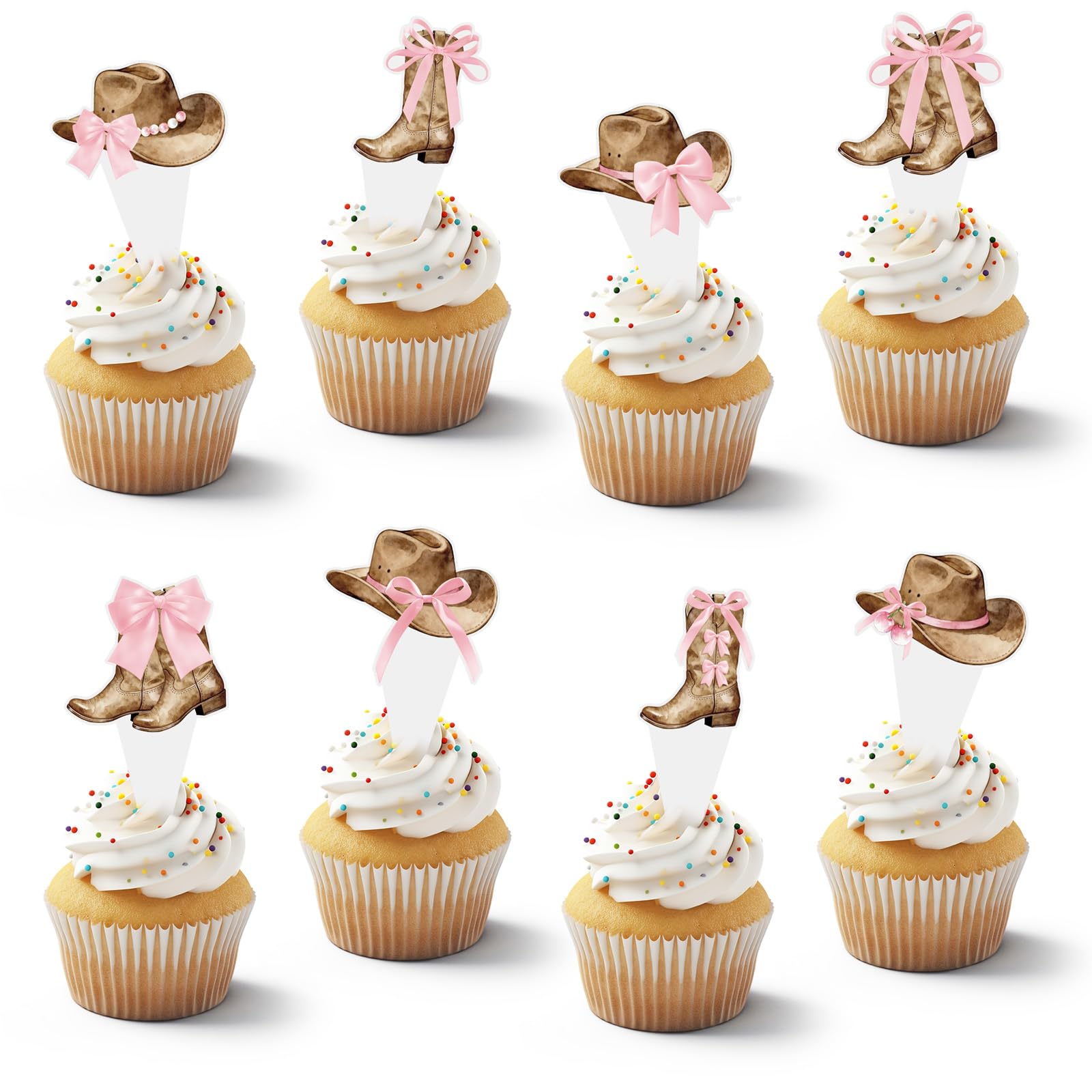 48Pcs Women's Cowboy Boots and Hats with Pink Bow Cupcake Decorations, Cowgirl Cupcake Toppers Decorations Supplies