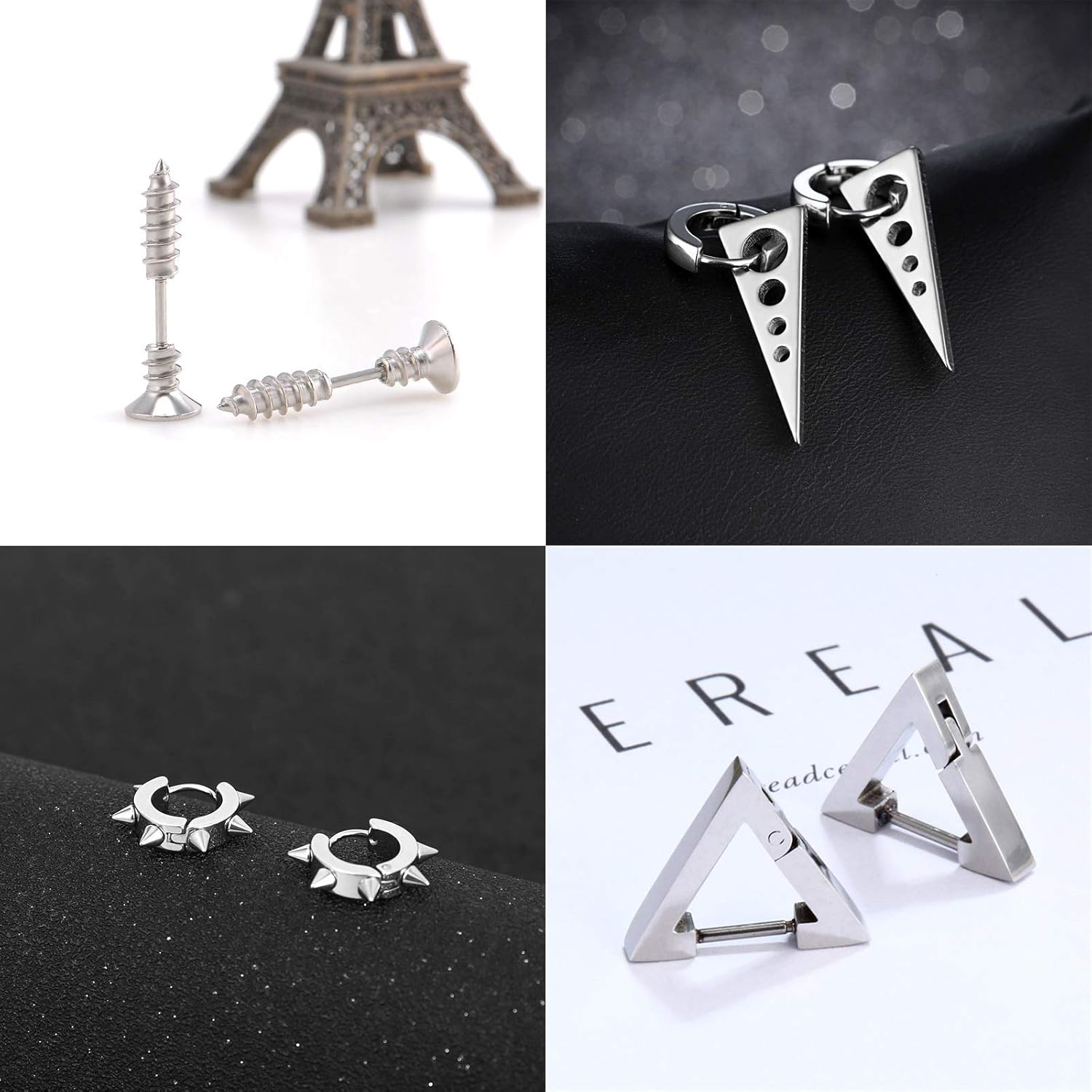 5 Pairs Punk Style Stainless Steel Black Tone Geometric Triangle Rivet Surgical Huggie Hoop Earrings Screw Nail Stud Earrings Gift for Men Women Teen - Image 4