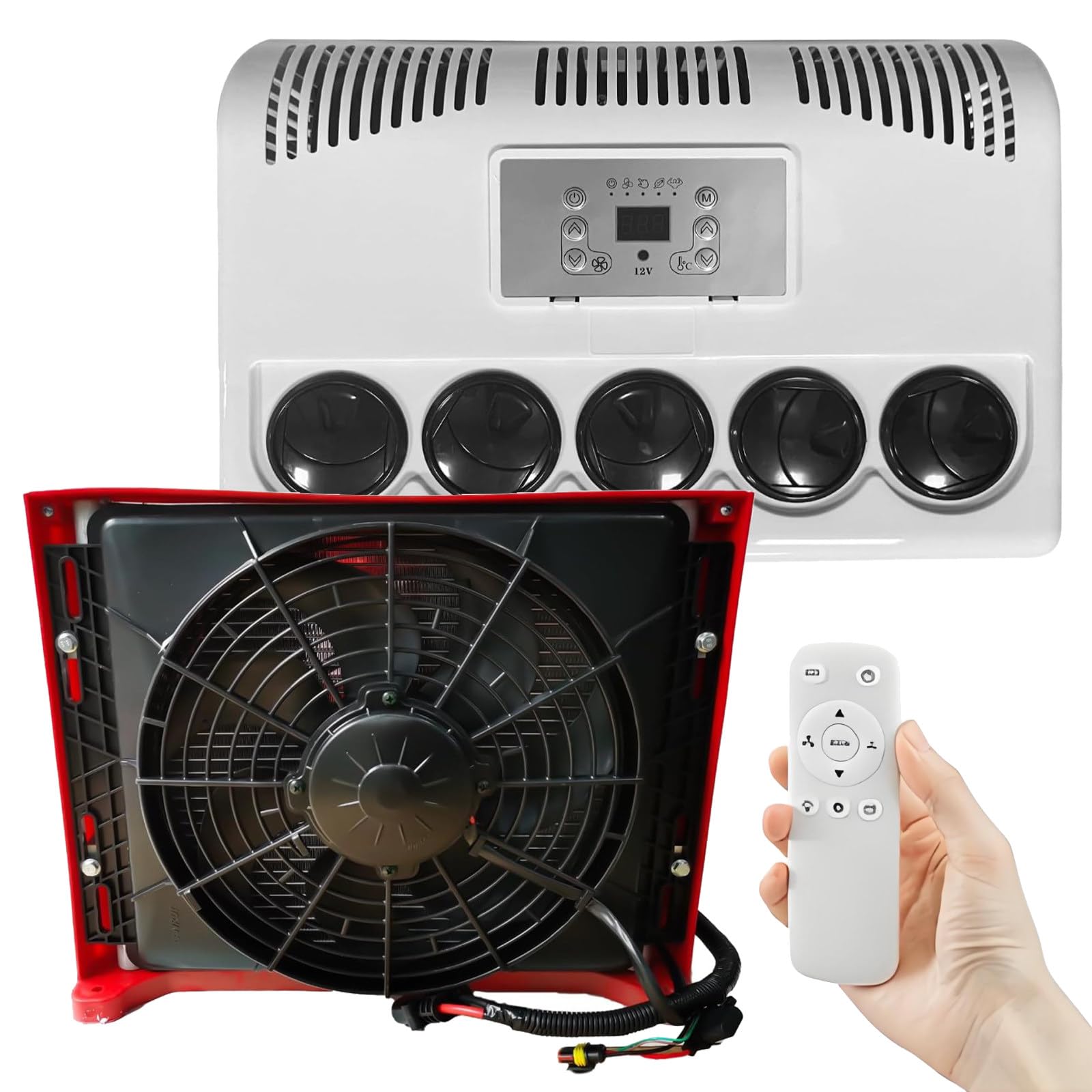 Quixnova 12V/24V Air Conditioner Truck Cab AC Air Conditioner Kit for Semi Trucks Bus RV Caravan, Electric RV Air Unit with Digital Display Screen & Remote Control, Fast Cooling Red-12V