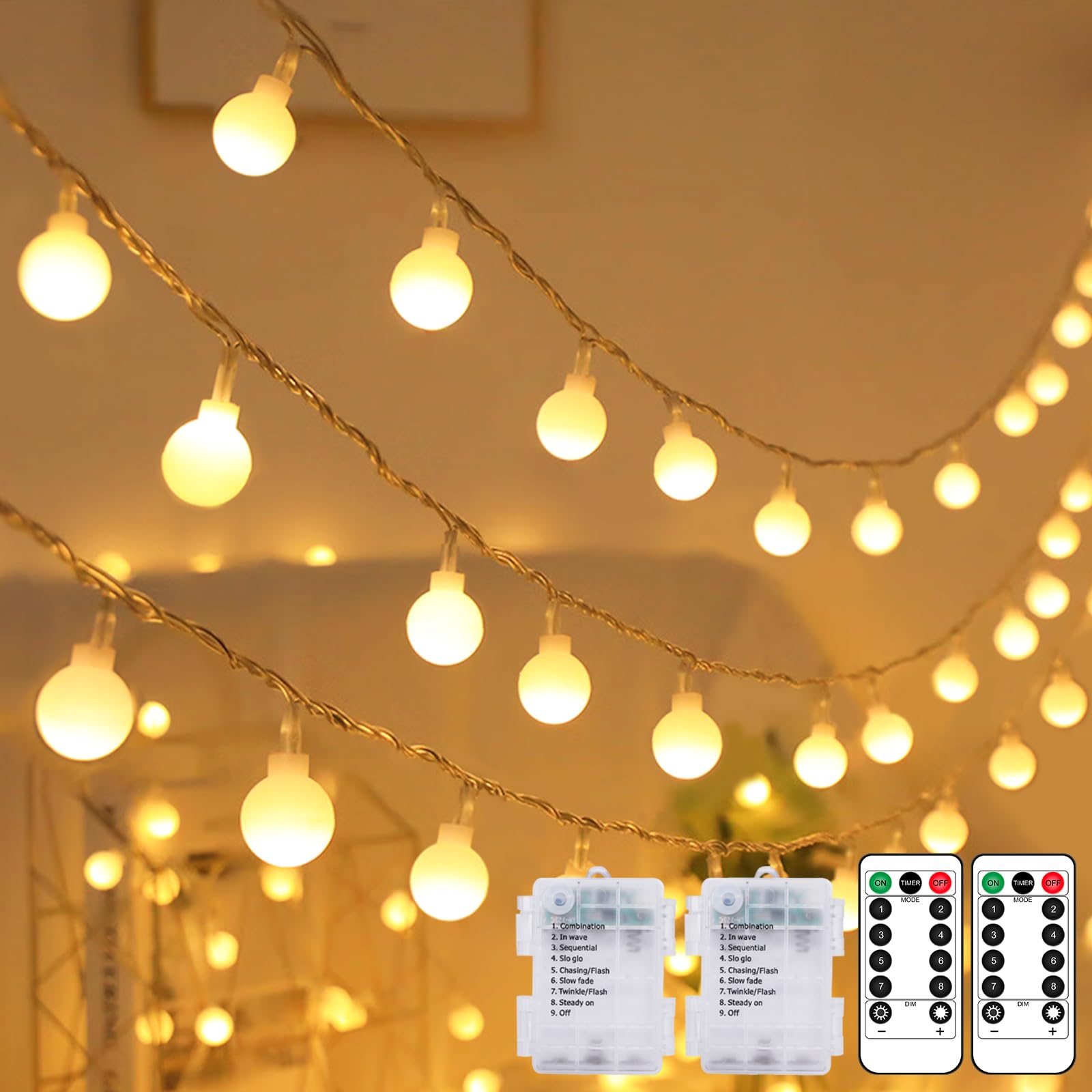 Kolpop 2 Packs Globe Fairy Lights Battery Operated with Remote & Timer, 10.3M 80LED 8 Modes String Lights Waterproof, Warm White Fairy Light for Indoor Outdoor Christmas Bedroom Garden