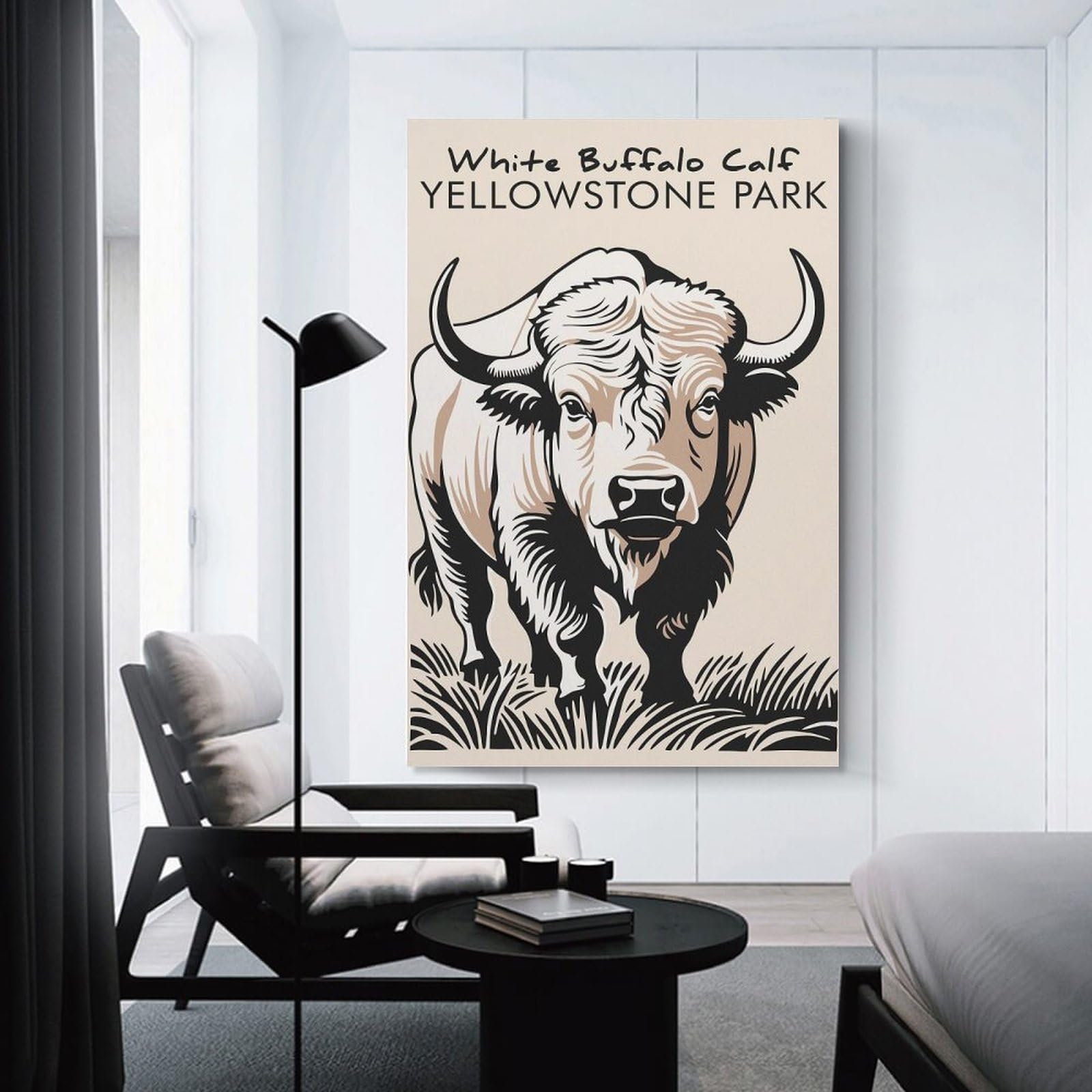 Junmoney Hanging Wall Art White Buffalo Calf, 24x36inch(60x90cm), for Lounge, Study, Hallway Or Flat Walls, An Adaptable Decor Piece for Home Use
