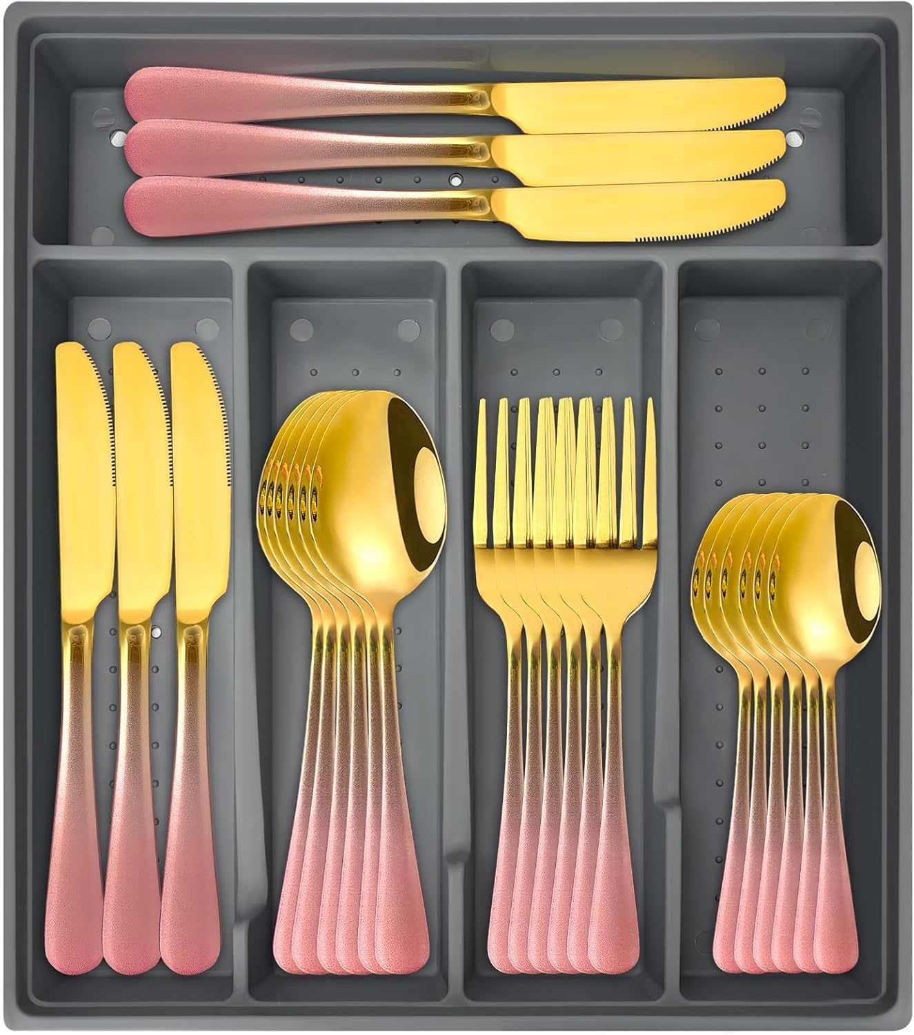 Gilded Silverware Set, 24 Piece Cutlery Set with Holder, Service for 6, Mirror Polished Tableware Set for Home Kitchen (Gradient Pink Gold)