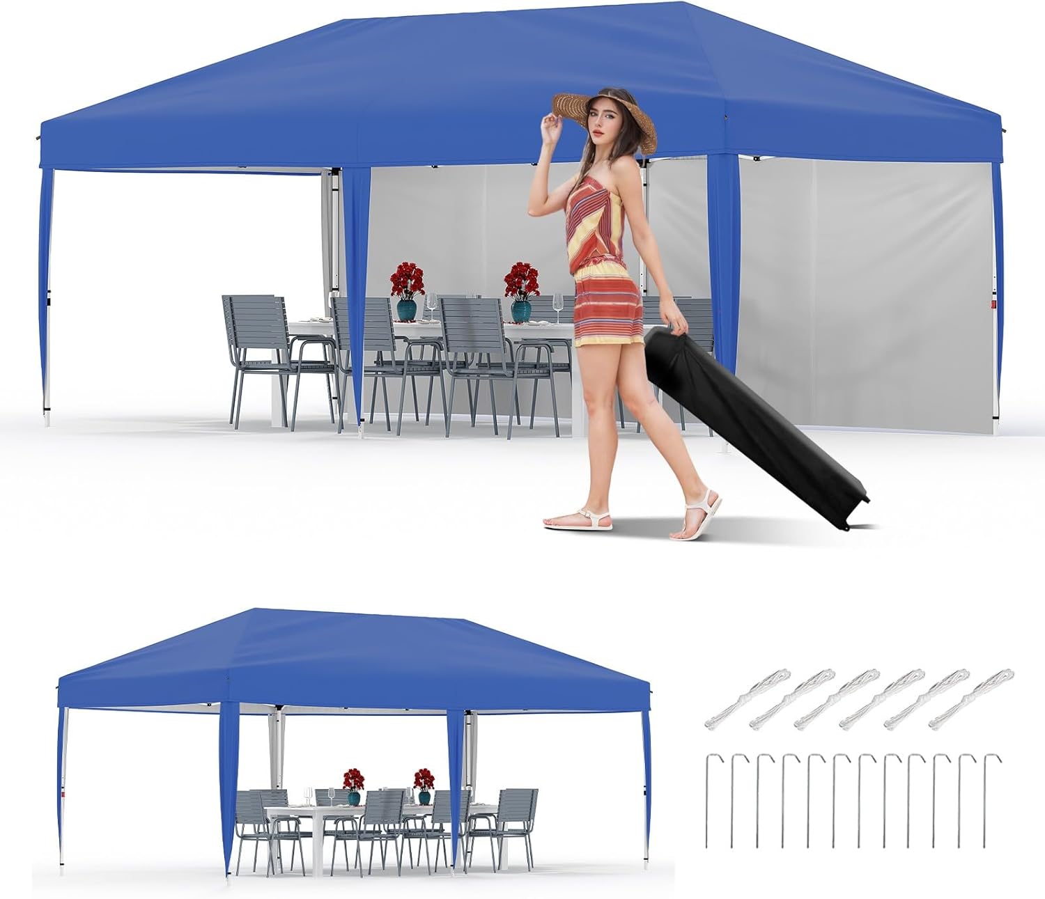 10x20 pop up canopy with 2 sidewalls - heavy duty outdoor canopy tent with portable roller bag - 3 adjustable height, 4 weight bags, 8 stakes & 6 guy ropes included, blue blue 10x20ft