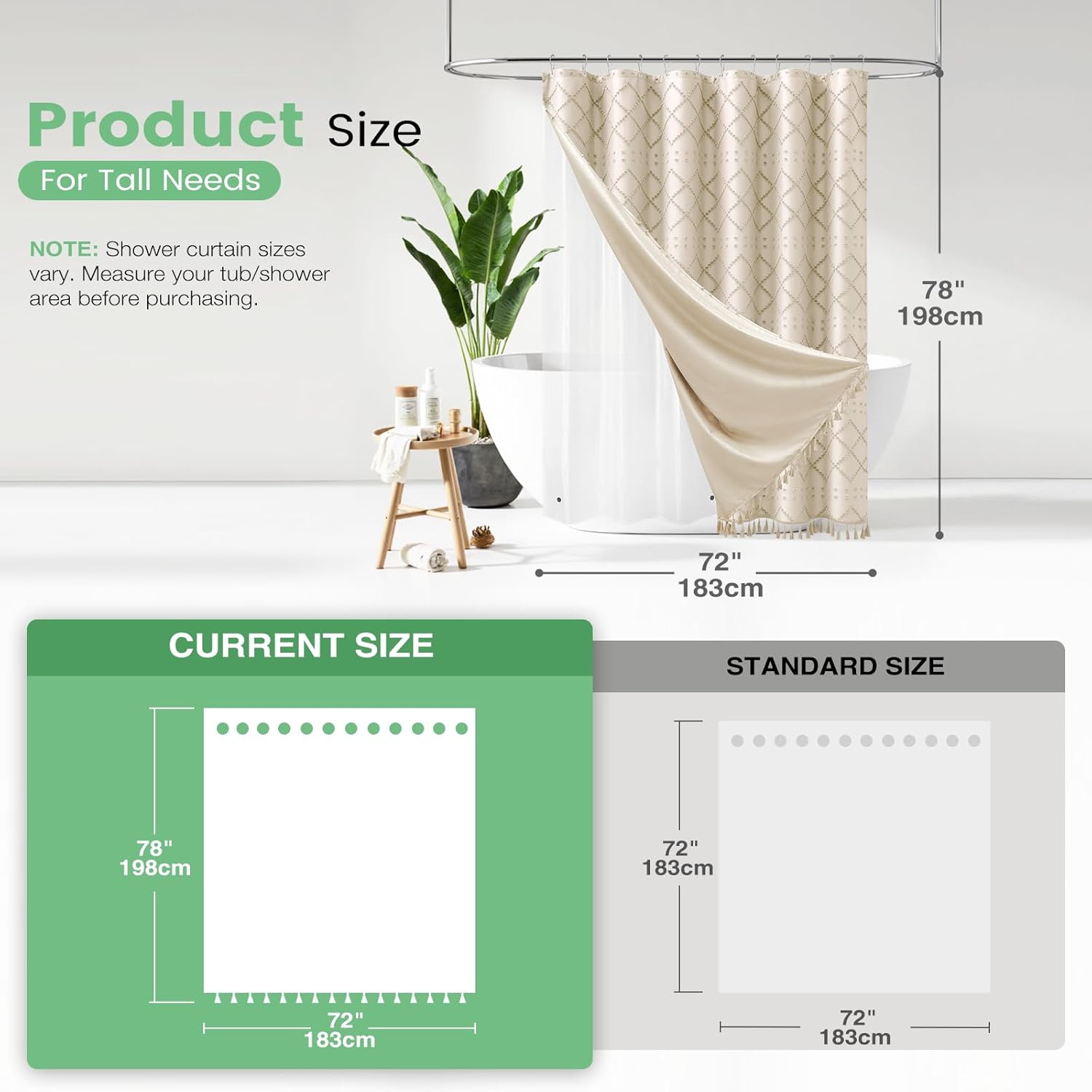 Dynamene Long Shower Curtain and Liner Set - 78 inch Tall Boho Shower Curtain and Waterproof Clear Liner, Tufted Geometric Striped Textured Tassel Shower Curtains for Bathroom, 12 Hooks, 72x78, Beige