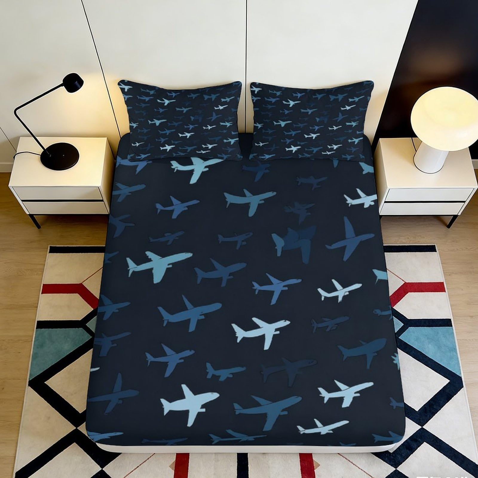 3D Printed Airplane Pattern Fitted Sheet Microfiber Deep Pocket Elastic Hem Bedroom Non-Slip Full Wrap Mattress Fitted Cover 90x200x25cm