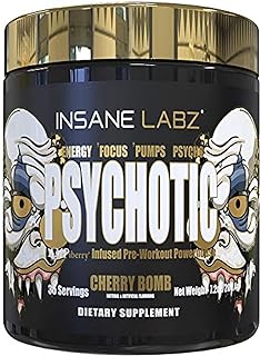Insane Labz Psychotic Gold, High Stimulant Pre Workout Powder, Extreme Lasting Energy Focus, Pumps and Endurance with Beta Alanine, DMAE Bitartrate, NO Booster (35 Servings, Cherry Bomb)