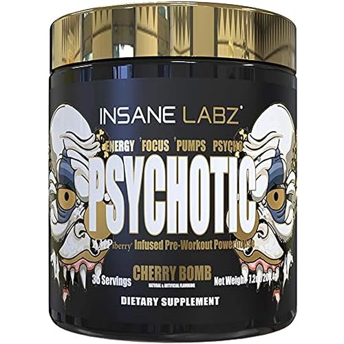 Insane Labz Psychotic Gold, High Stimulant Pre Workout Powder, Extreme Lasting Energy Focus, Pumps and Endurance with Beta Alanine, DMAE Bitartrate, NO Booster (35 Servings, Cherry Bomb)