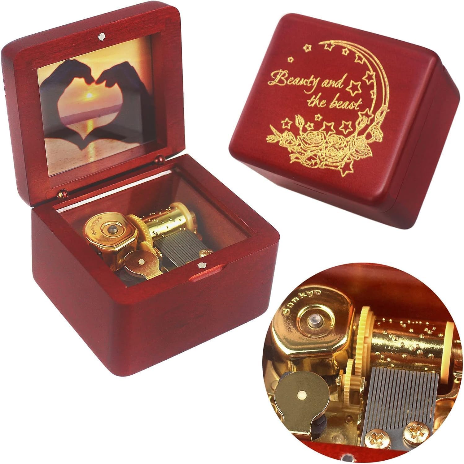 Sinzyo Natural Wooden Music Box with Customizable Photos Wind Up Musical Box Gifts for Christmas,Birthday and Valentine's Day(Character Wine Red, Tone:Beauty and The Beast)