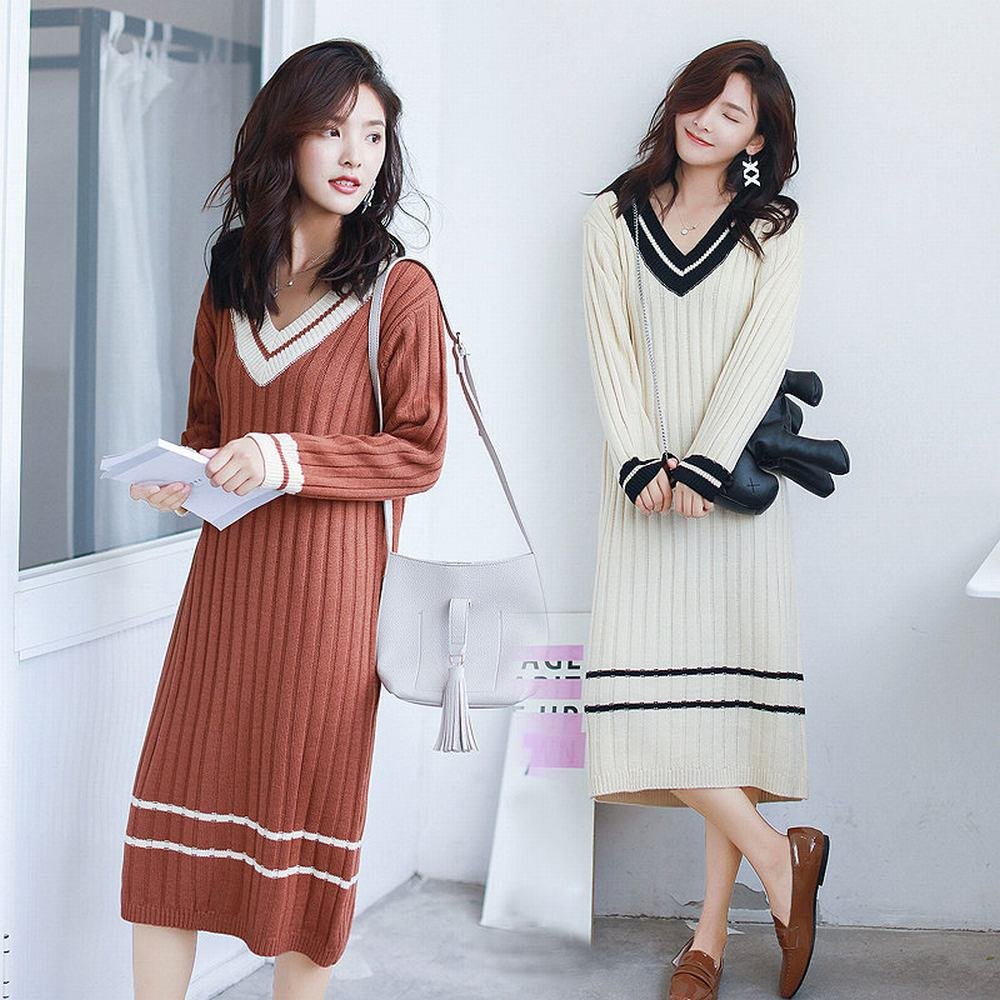 LQZ Set Di Maglioni da Donna Di Autunno e Inverno Del Collare V Nella Lunga Sezione Di Abito a Maniche Lunghe,Beige,Tutto il codice
