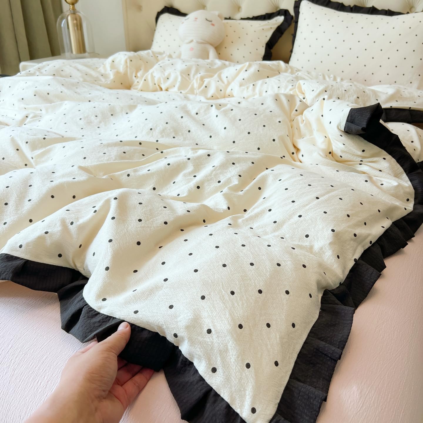 Ruffle Duvet Cover Queen Size, 1 Duvet Cover with 2 Pillowcases, Cute Comforter Cover with Polka Dot, Soft Breathable Bedding Set for Women Girls (Comforter or insert not included) (Queen 90"x90")