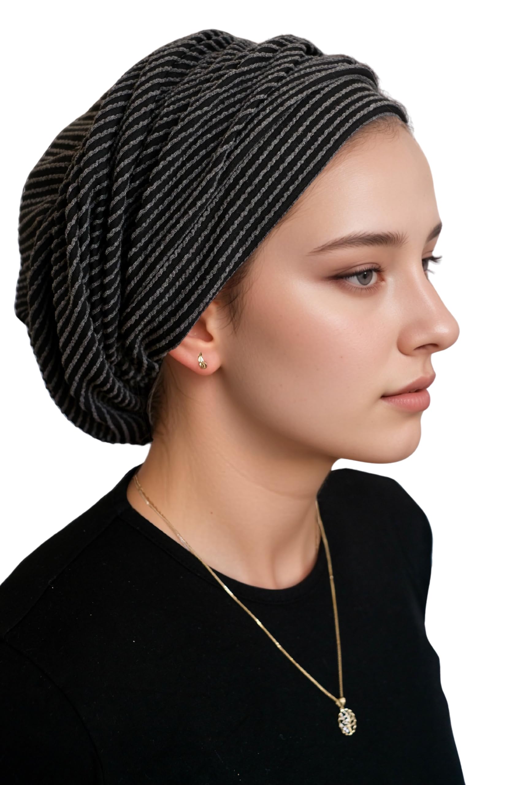 Ermandina Women's Black Jewish Head Covering For Tichel Slouchy Beanie Beret Snood Headcovering, One Size