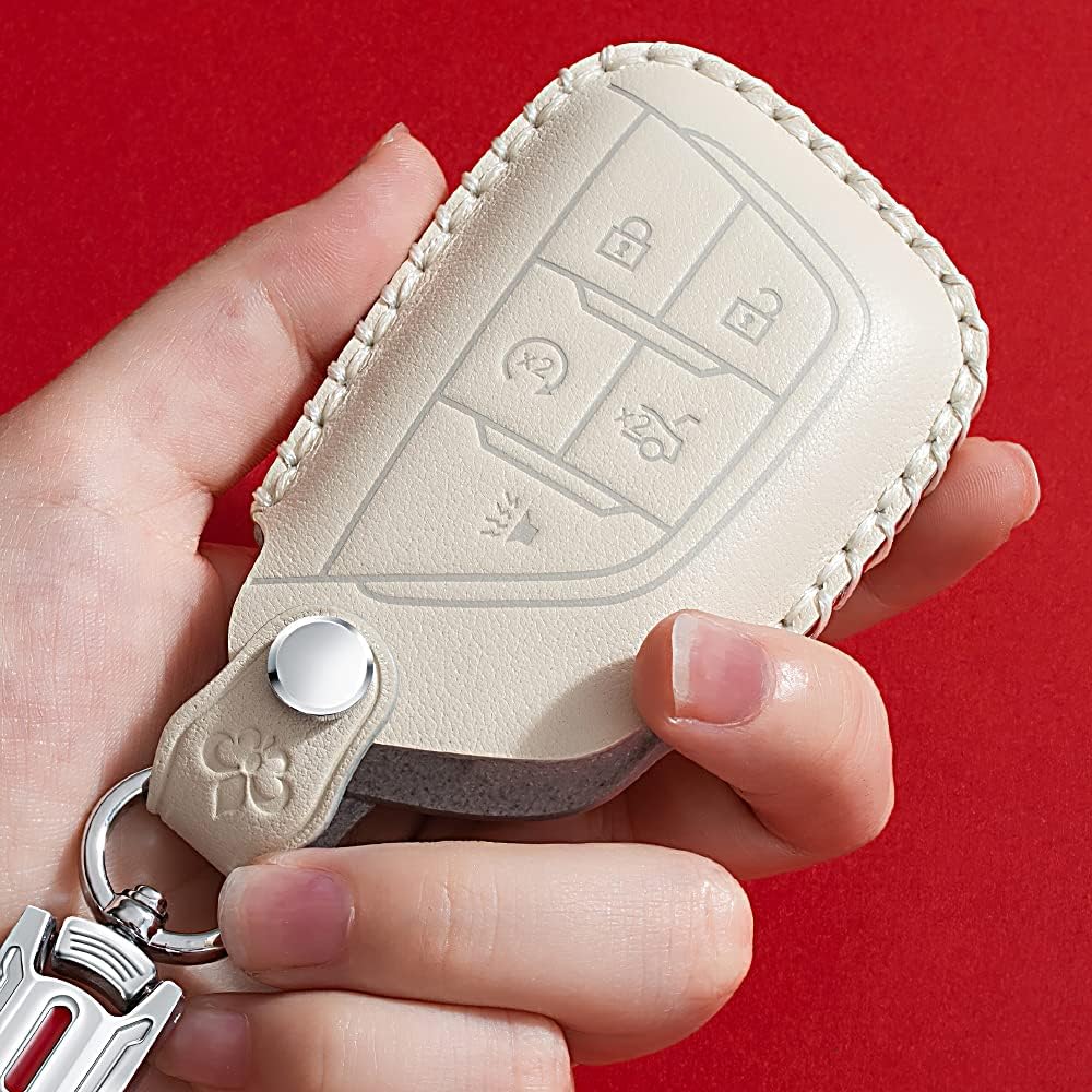 SANRILY 5 Button Key Fob Cover for Cadillac CT5 CT4 2020 2021 Keyless Entry Remote Keychain Holder Cowhide Leather Key Protector Case Shell Brown