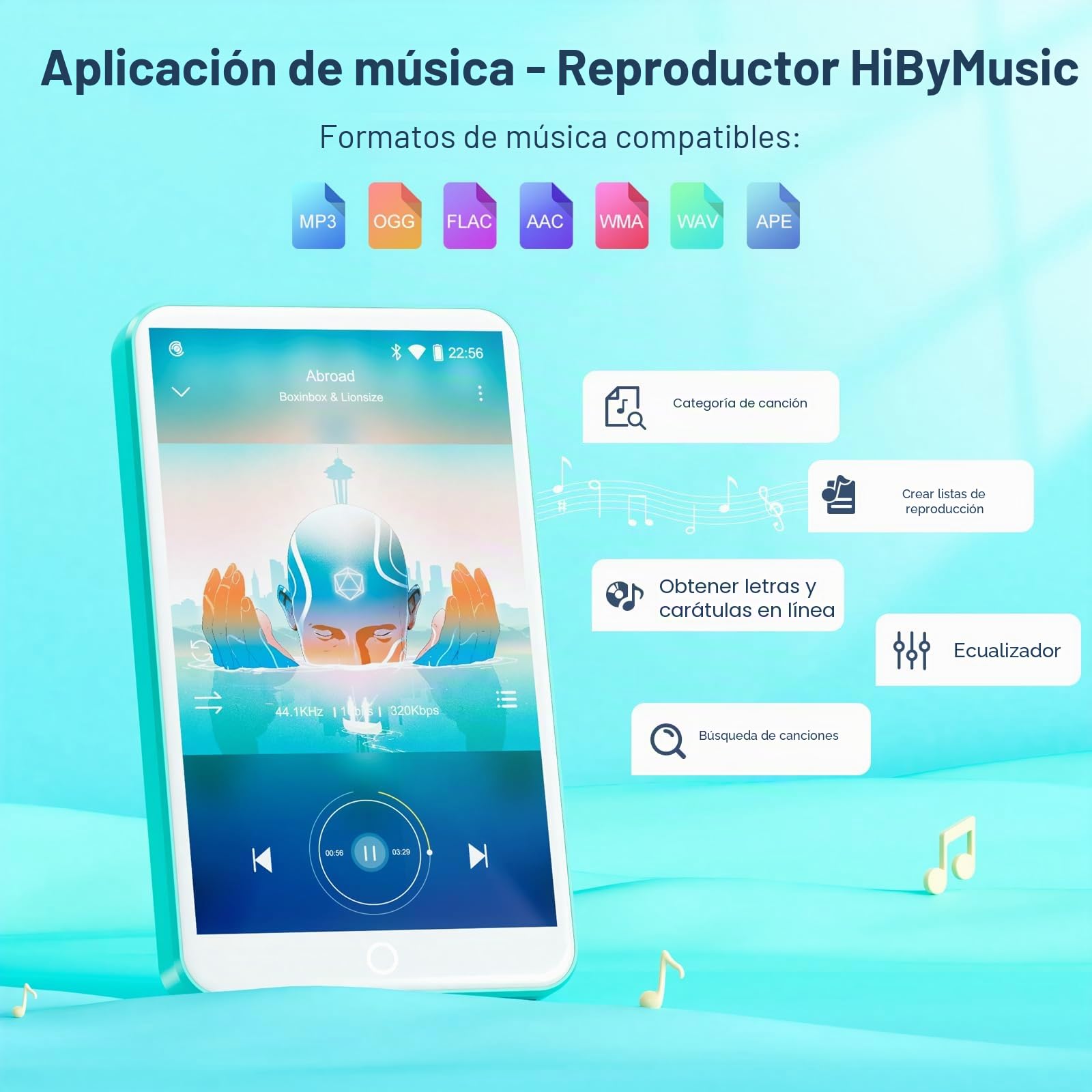Reproductor de MP3 con Bluetooth y WiFi, Oilsky 80GB 4'' Android 9.0 Mp3, 1080P Pantalla táctil MP4, Reproductor de Música Portátil con Spotify, Audible, Deezer (Cian)