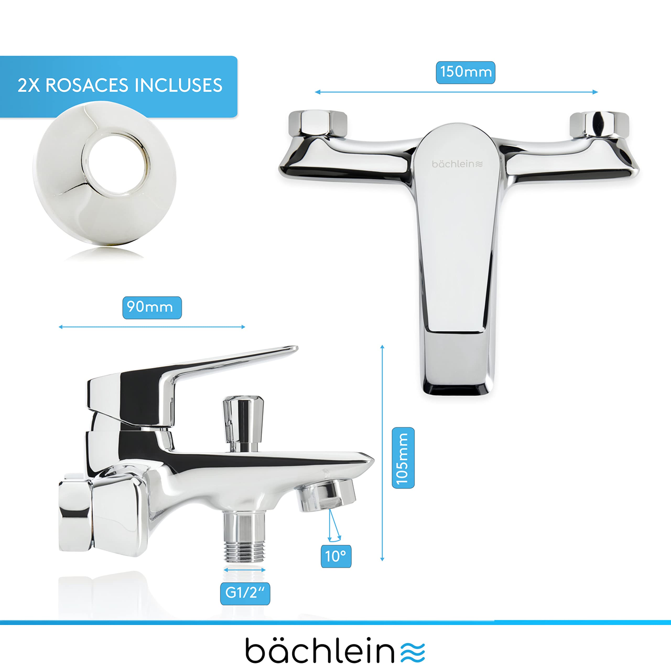 Bächlein Mitigeur Universel de Baignoire Chromé - Set Complet de Mitigeur de Baignoire avec Tous les Accessoires, Mitigeur Monocommande pour Baignoire, Mitigeur de Bain, Mitigeur de Baignoire Apparent