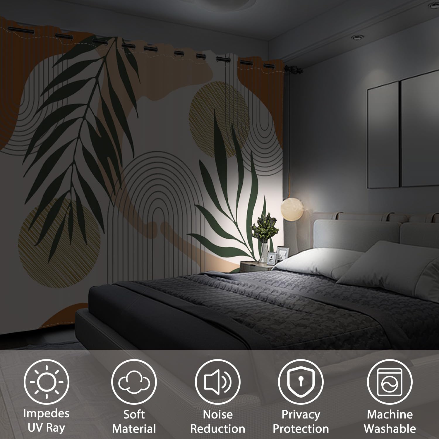 Boho Blackout Curtains, Abstract Green Leaves Window Curtains for Living Room Bedroom Terracotta and Beige Rustic Room Darkening Drapes with Grommets, 42x63 Inch, 2 Panels