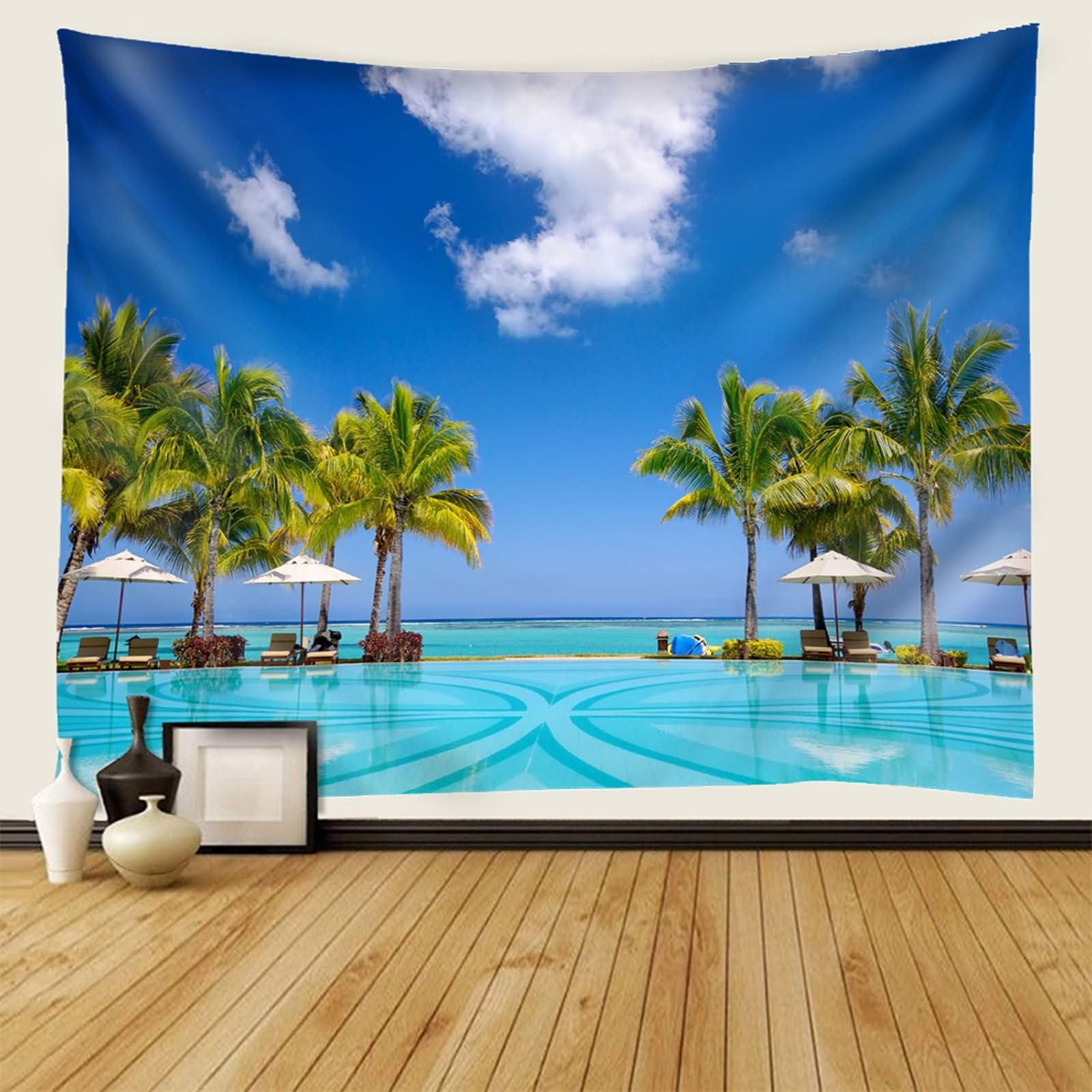 Homxi Tapiz de Sofá 240 W x 220 H CM, Paisaje de Piscina y Silla, Tapices Salon Poliéster, Azul Verde
