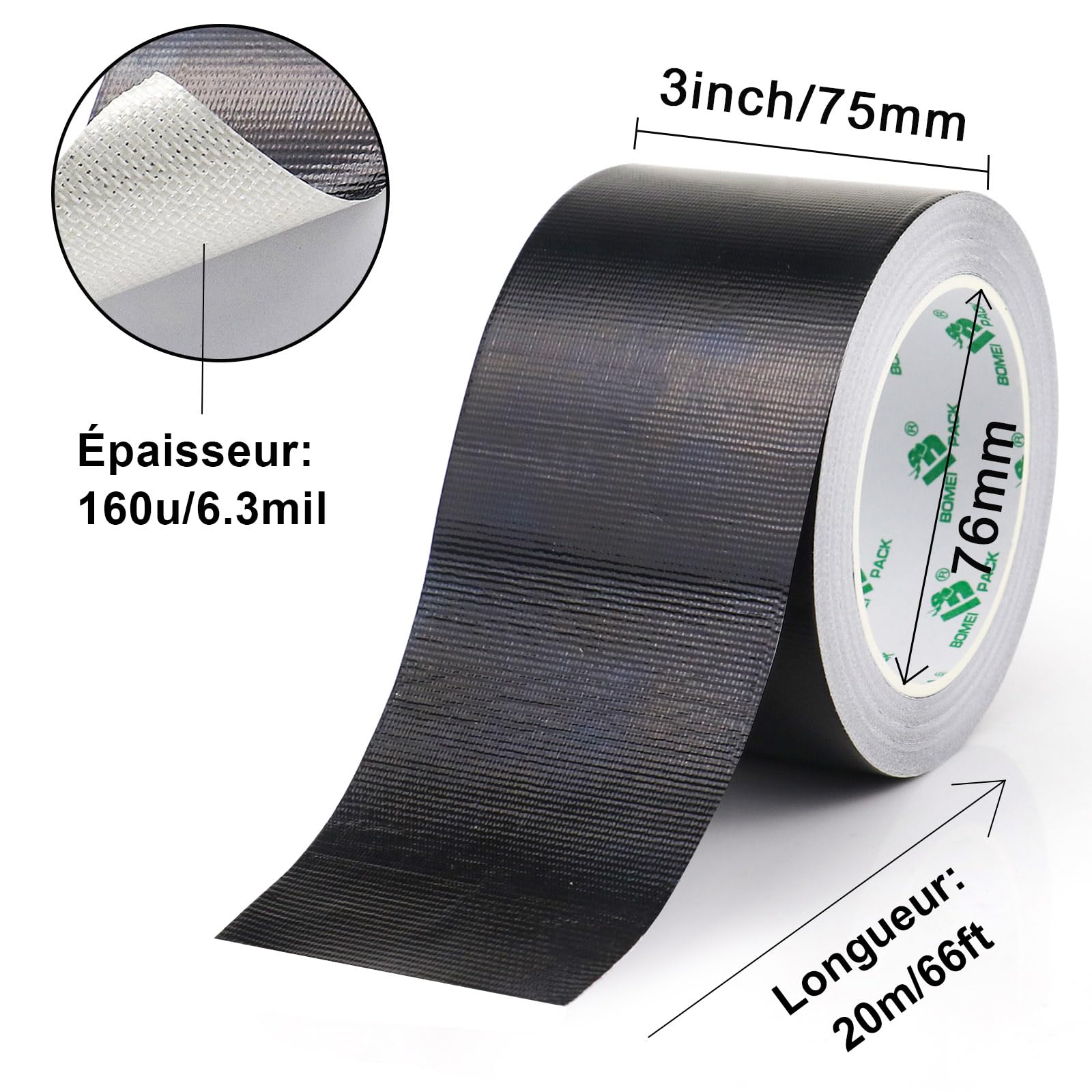 BOMEI PACK Ruban Adhésif Aluminium renforcé, noir 75mm x 20m Bande d'étanchéité Étanche Feuille, ruban d'aluminium de réparation, Ruban adhesif haute temperature pour la réparation, l'isolation