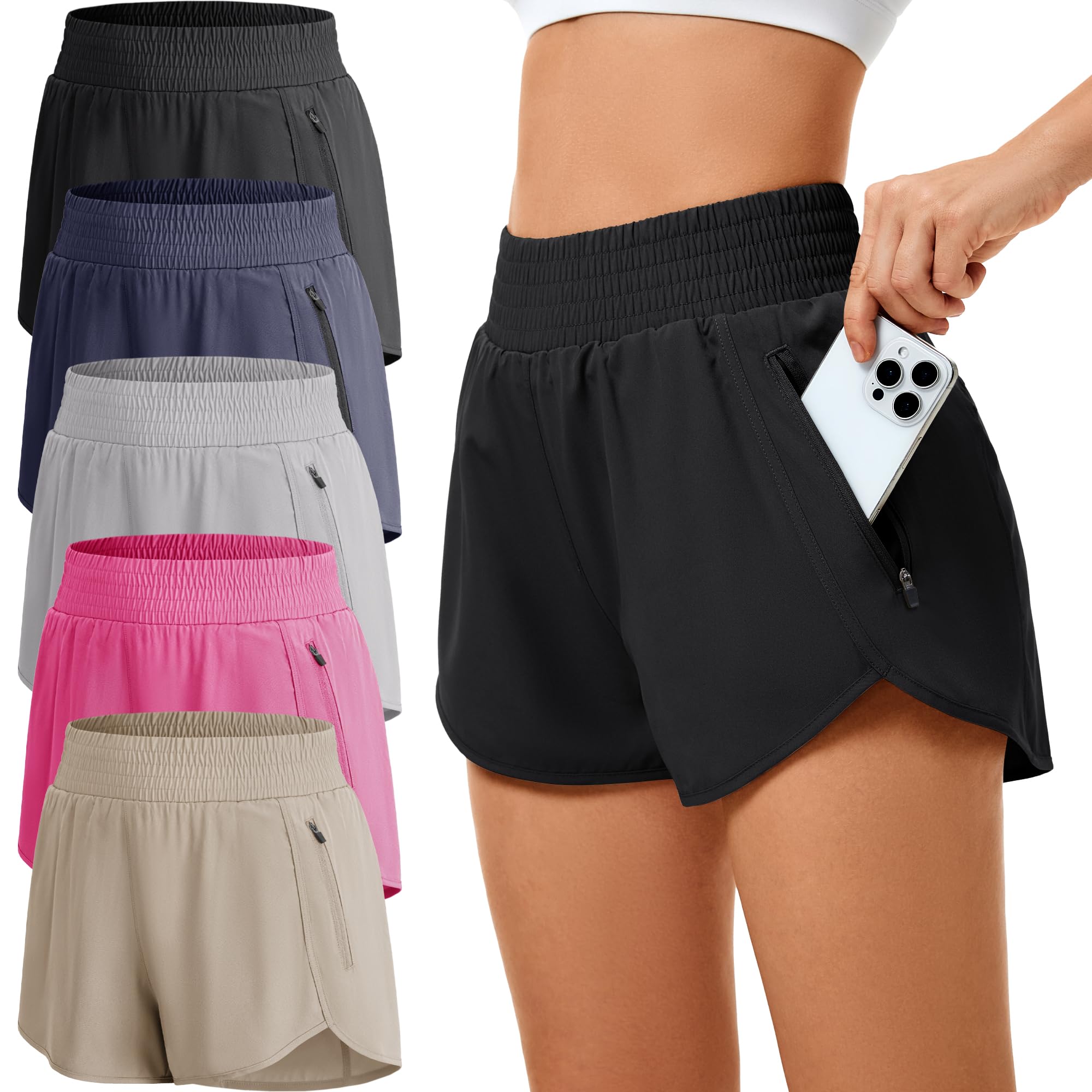 Lot de 5 shorts de sport courts pour femme - Avec poche zippée - Pour l'été - Pour la course à pied, le yoga, la course, le fitness, la course à pied