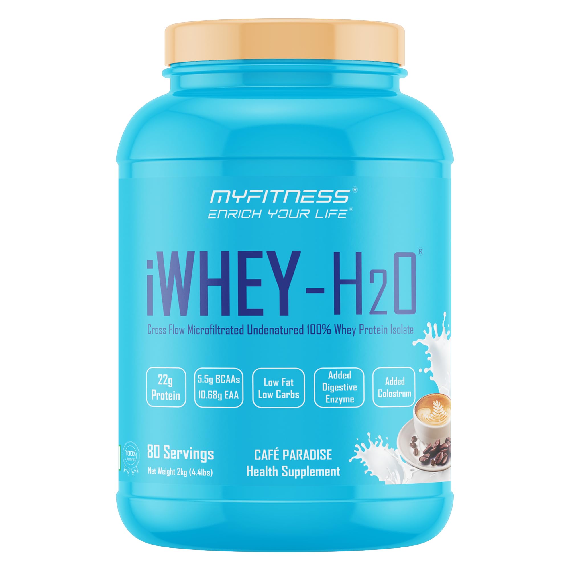 Myfitness iWhey H2O | 88% Protein Per Serving | 100% Whey Protein Isolate | Added Colostrum | Added Digestive Enzymes | Whey Protein Powder (Cafe Paradise, 2kg (80 servings))-image-24