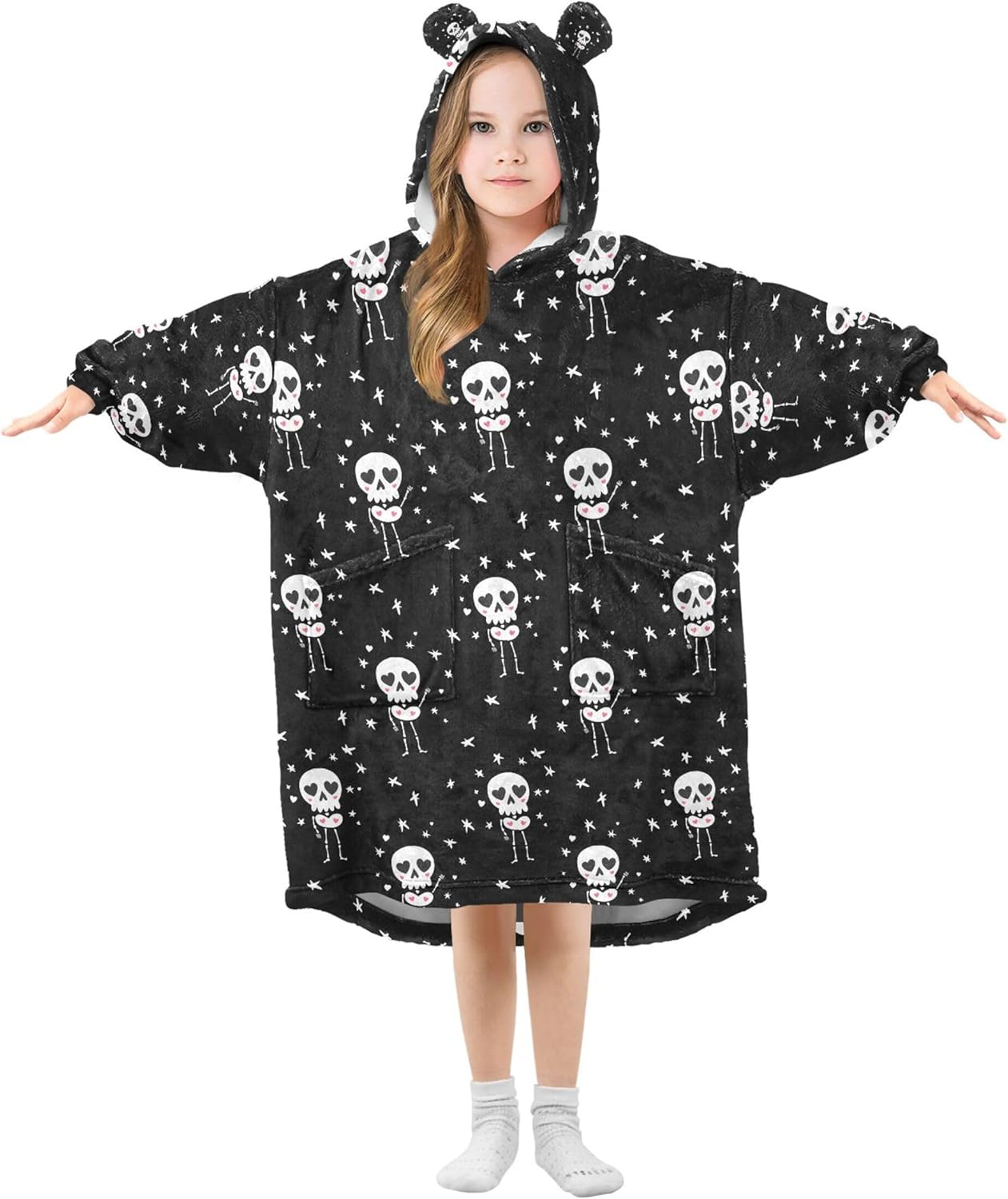 Skull Kids Wearable Blanket Hoodie with Pocket and Sleeves for Toddlers, Cute Hoodies 3-14 Year Girls Boys B0405381