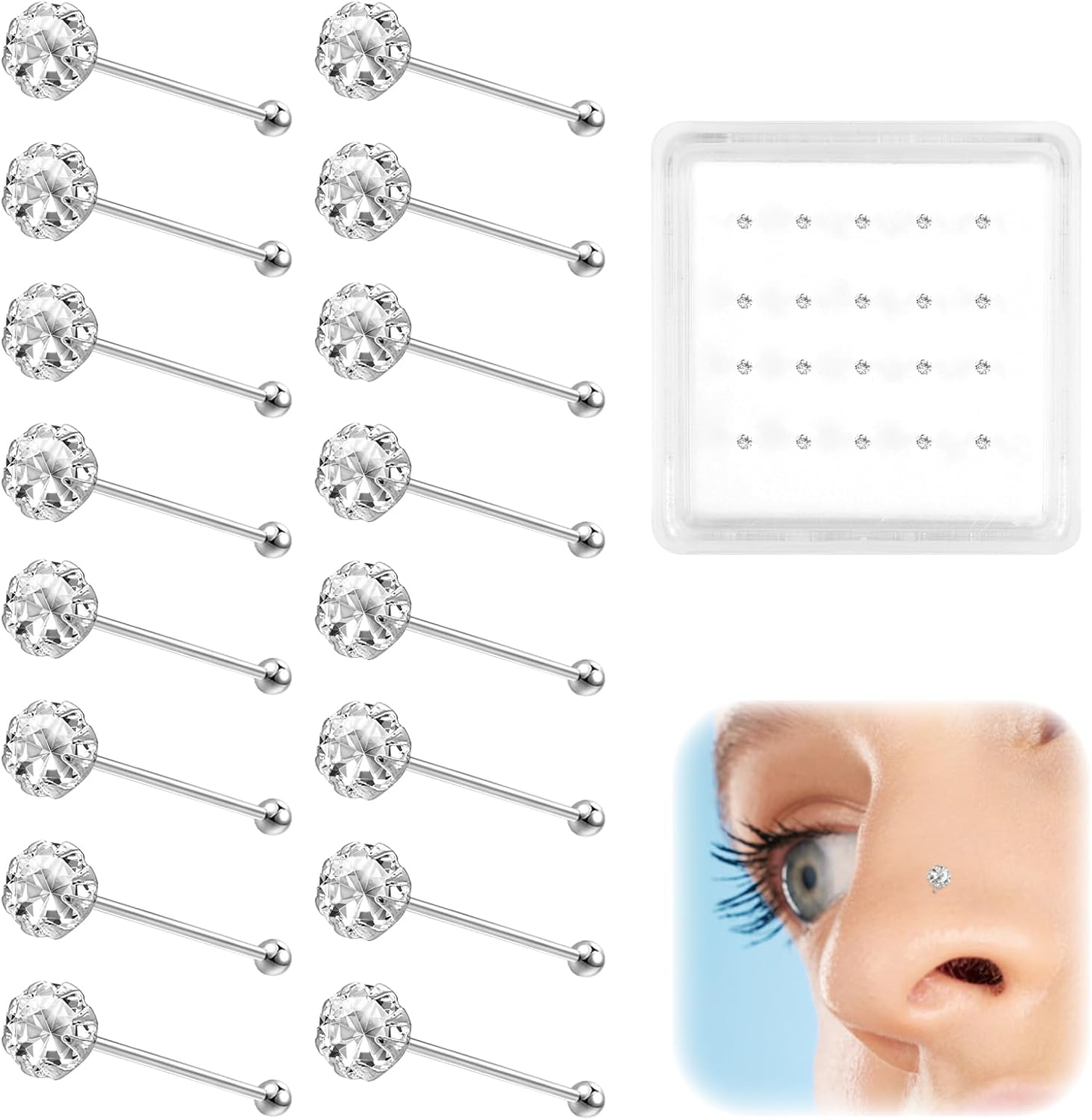Nose Studs, 20 Pack 2mm Sterling Silver Stainless Steel Screw Straight