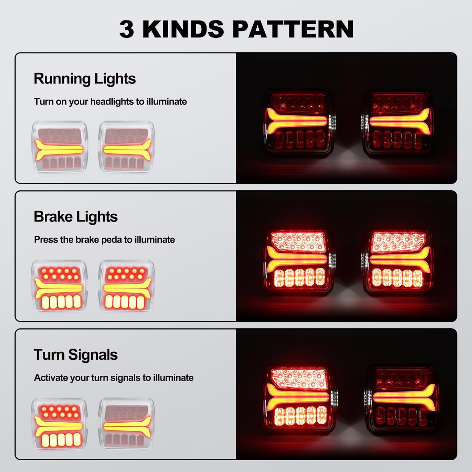Diagram showing three light patterns: running lights, brake lights, and turn signals for Hifybaty Wireless Trailer Lights