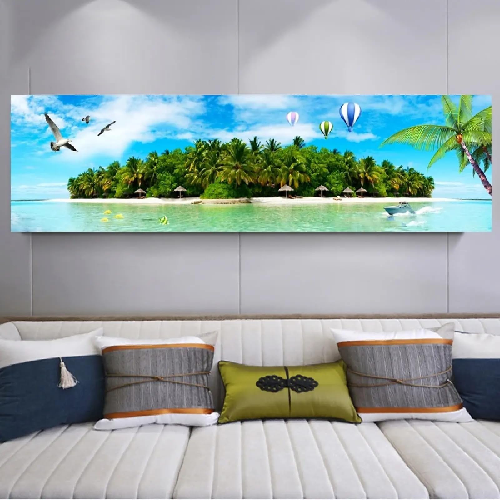 XINBAO Zielone drzewa kokosowe, morze, krajobraz balonów, obraz na płótnie, plakaty i wydruki, obrazy na ścianę, dekoracja domu do salonu 55 x 110 cm bez ramy