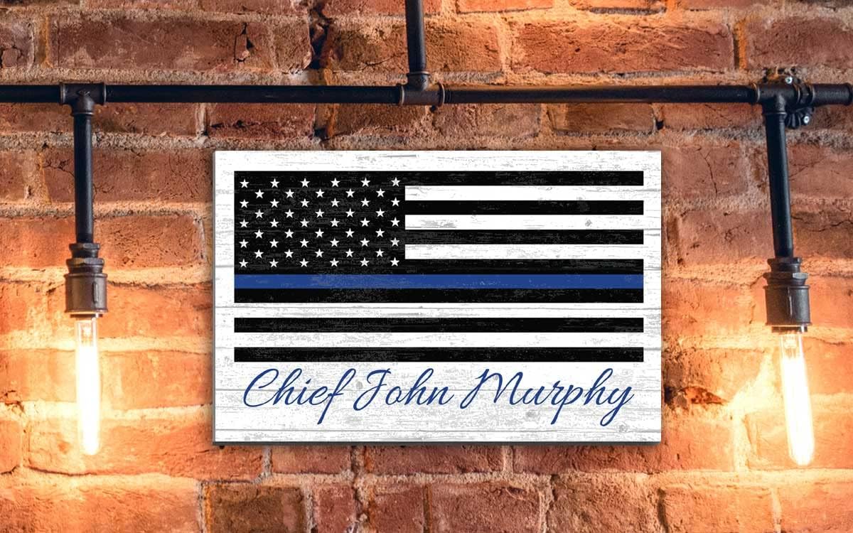 Thin Blue Line Flag Sign – Personalized Police Gift for Officer, Family, or Retirement – Custom Solid Wood Law Enforcement Wall Decor – 16.5" x 10.5"