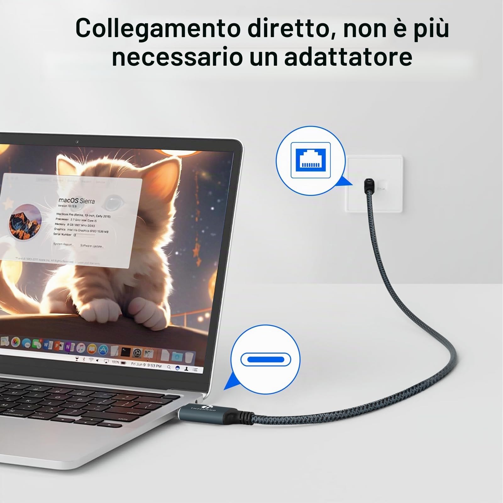 Cavo Adattatore USB C a Ethernet 10M, Tipo C a RJ45 LAN Gigabit, collegato direttamente, Compatibile con Thunderbolt 3/4 per MacBook Pro/Air, iPad Pro, iPhone serie 15, Galaxy S24