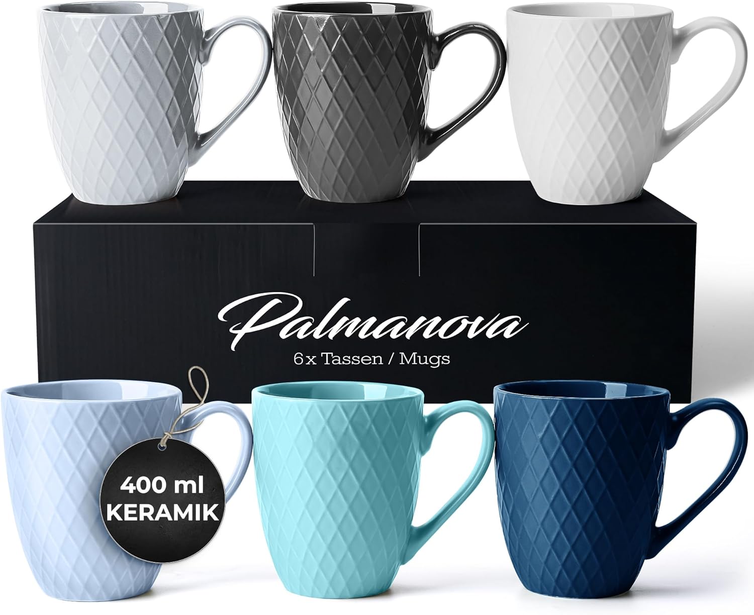 MIAMIO - Coffee Mugs set of 6 / Coffee Cups - 6 x 14 Oz Ceramic Mugs - Large Coffee Mugs - Microwave & Dishwasher safe - Palmanova Collection (Blue)