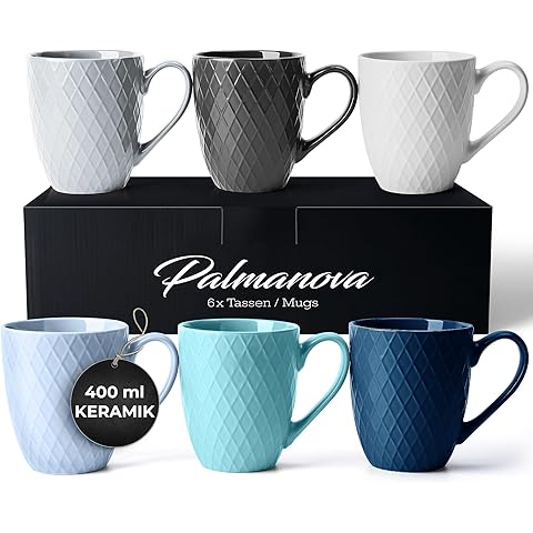 MIAMIO - Coffee Mugs set of 6 / Coffee Cups - 6 x 14 Oz Ceramic Mugs - Large Coffee Mugs - Microwave & Dishwasher safe - Palmanova Collection (Blue)