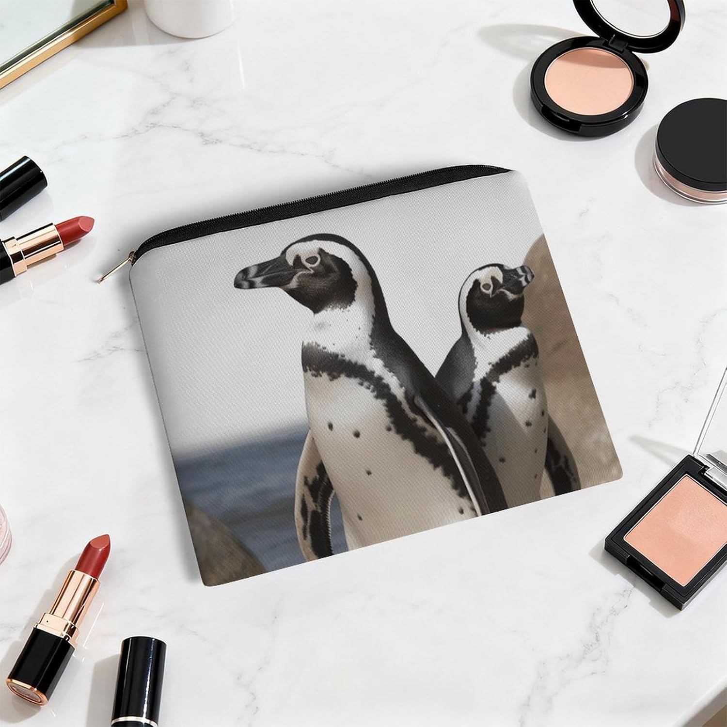 African Penguin Makeup Bag for Travel, Large Capacity Toiletry Bag with Zipper, Leather Cosmetic Organizer Bag, Waterproof Cosmetic Storage Case with Hook, Makeup Case image 5
