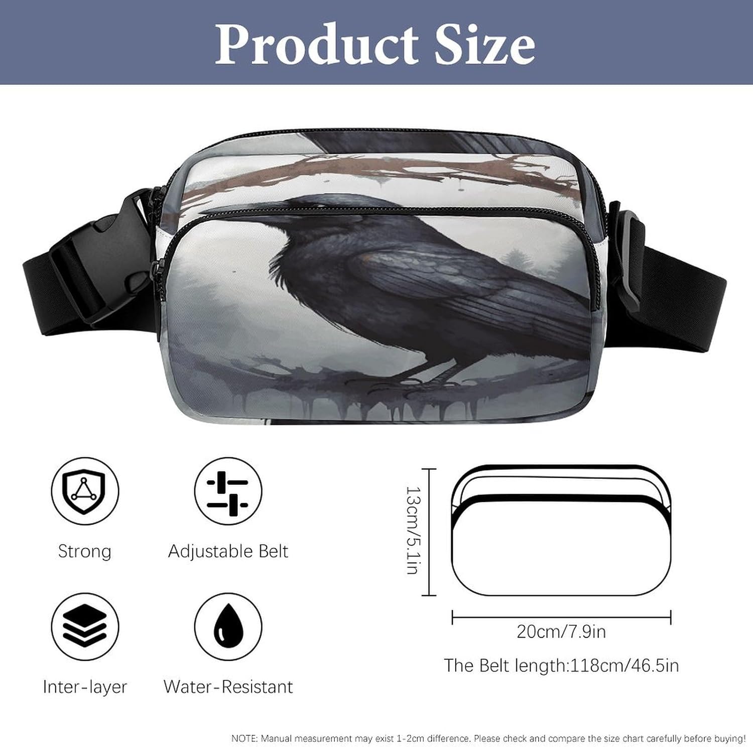 Black Crow Fanny Pack Belt Bag with Adjustable Strap Fashion Waist Bag for Outdoor Sports Hiking