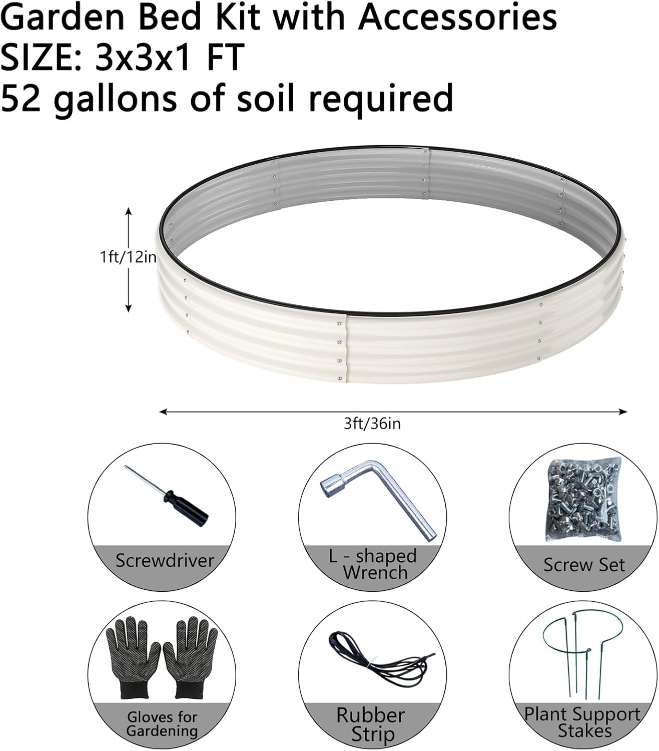 ZFHgarden Galvanized Metal Planter Round Raised Garden Bed Kit for Gardening Outdoor，3x3x1ft Grow Garden Box Raised Flower Bed，Round Galvanized Planter Outdoor Large Metal Fire Pit Ring White