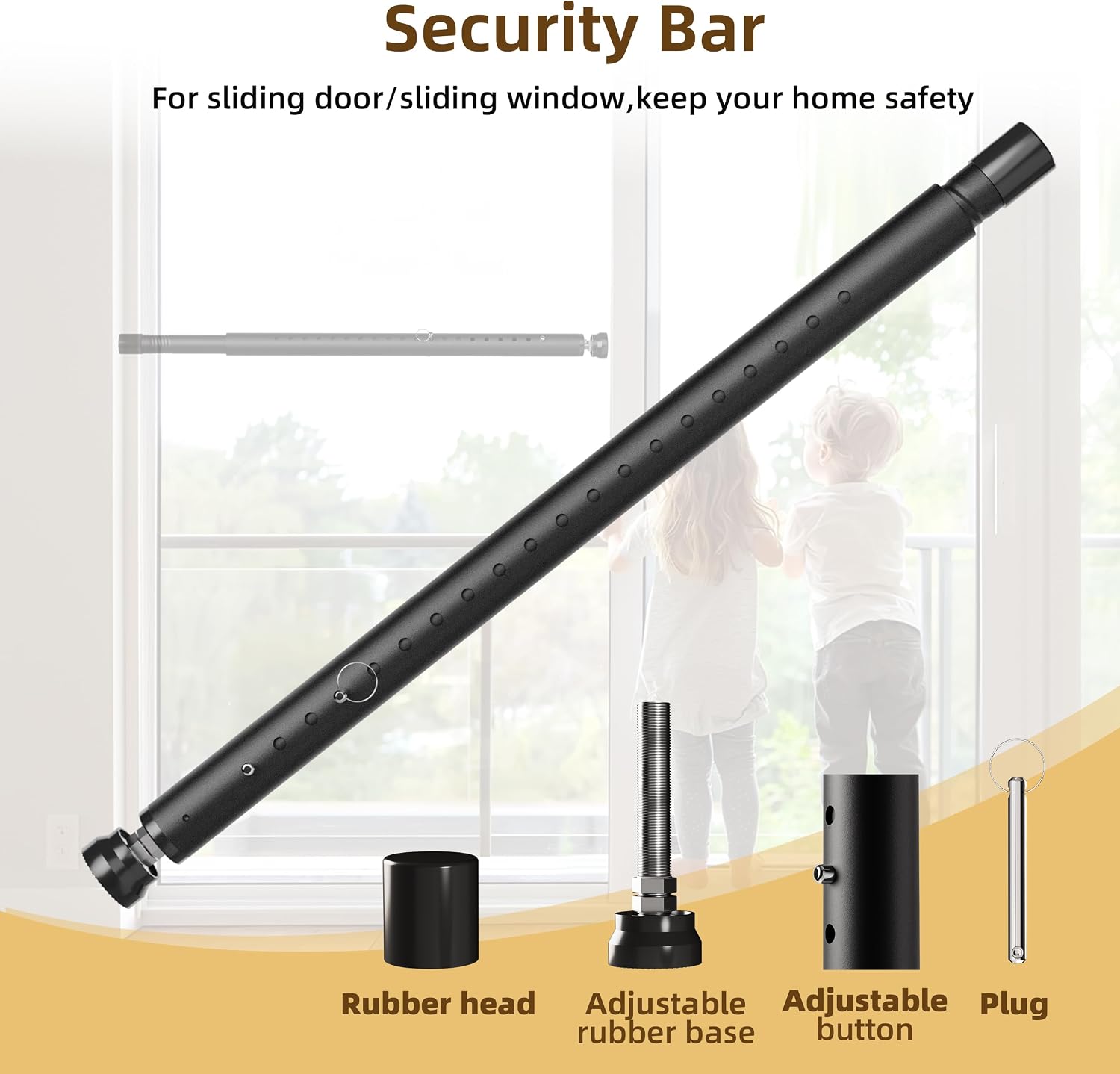 Sliding Door Security Bar,Window Security Lock Bars Adjustable,17-50 Inches Window Stopper with Rubber Base for Patio Sliding Glass Door/Window/Child Safety/Burglar Proof (Black - 2 Pack)