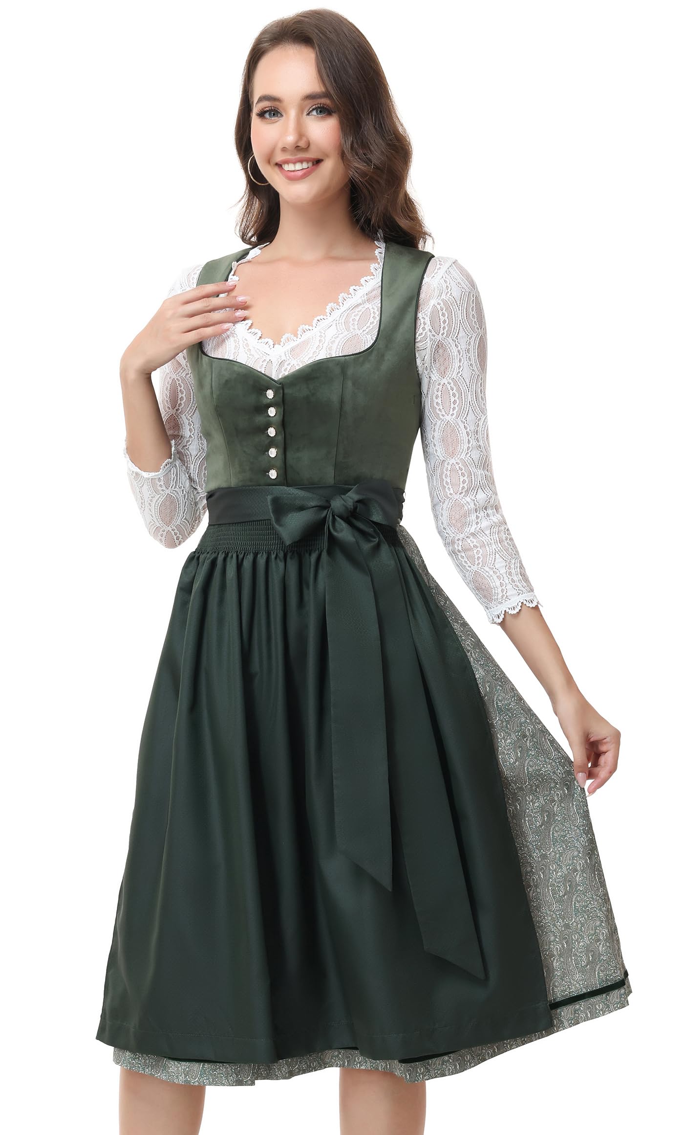 ELFIN Damen Midi Dirndl Samt Trachten Dirndlkleid Elegante Trachtenkleid für Oktoberfest inkl. Dirndlschürze Gr. 34-46