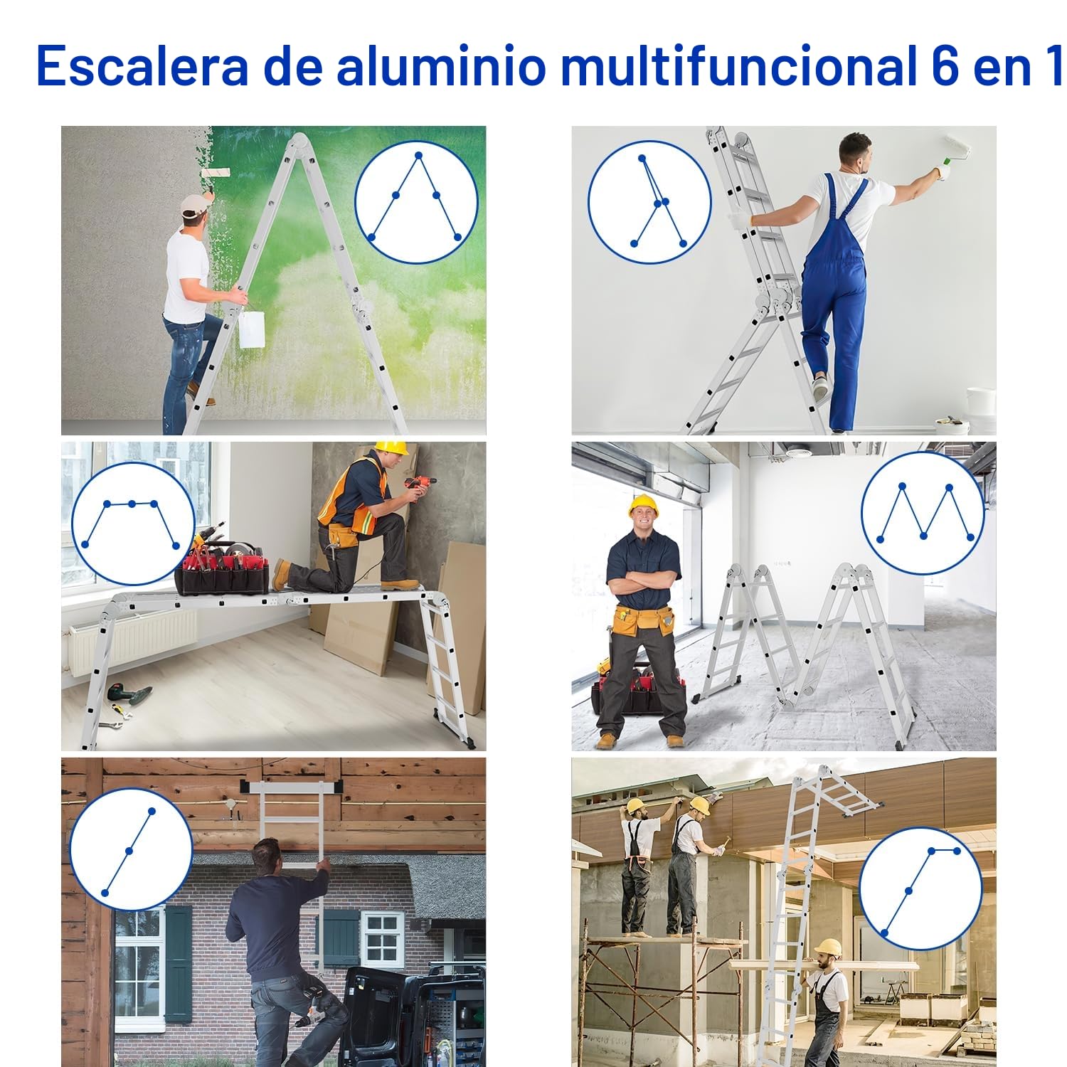 Escalera Multifunción de Aluminio 7 en 1 - 5,82 m, 4 x 5 Peldaños, 2 Placas de Andamios, 2 Ruedas - Plegable, de Trabajo, Doméstica - Hasta 150 kg