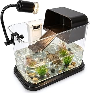 Turtle Tank Starter Kit, Durable PC Turtle Aquarium Kit | Basking Platform & Dimmable Heat Lamp, Baby Aquatic Turtle Tank with Filter,Multi-Function Area for Small Reptiles