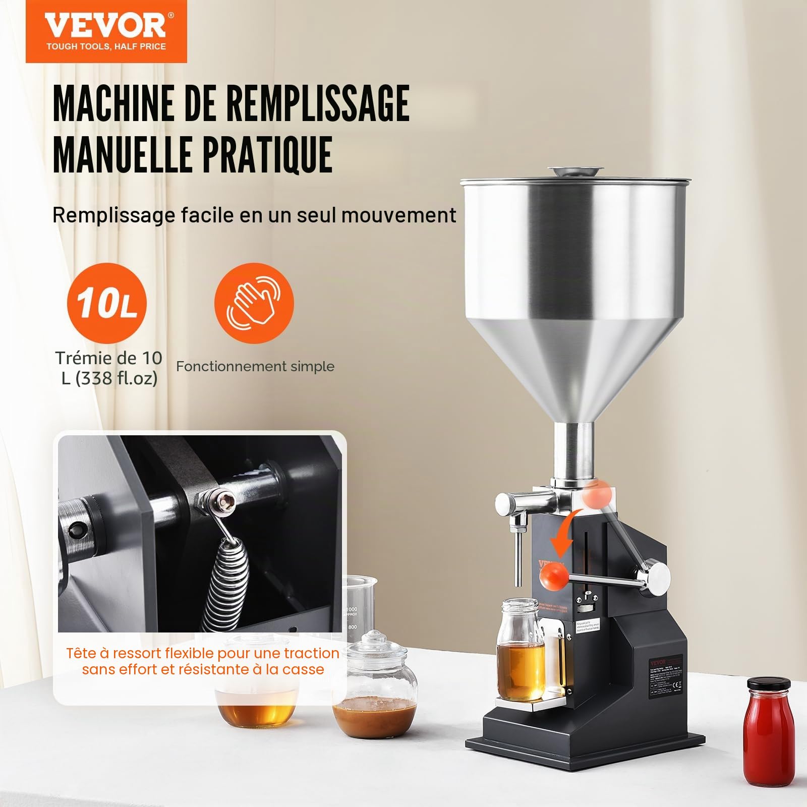 VEVOR Machine de Remplissage de Liquide Pâte Manuelle 5-50 mL Remplisseuse de Bouteilles Réglable Acier Inoxydable avec Trémie pour Lait, Eau, Jus, Huile Essentielle, Shampoing, Miel, Crème Cosmétique