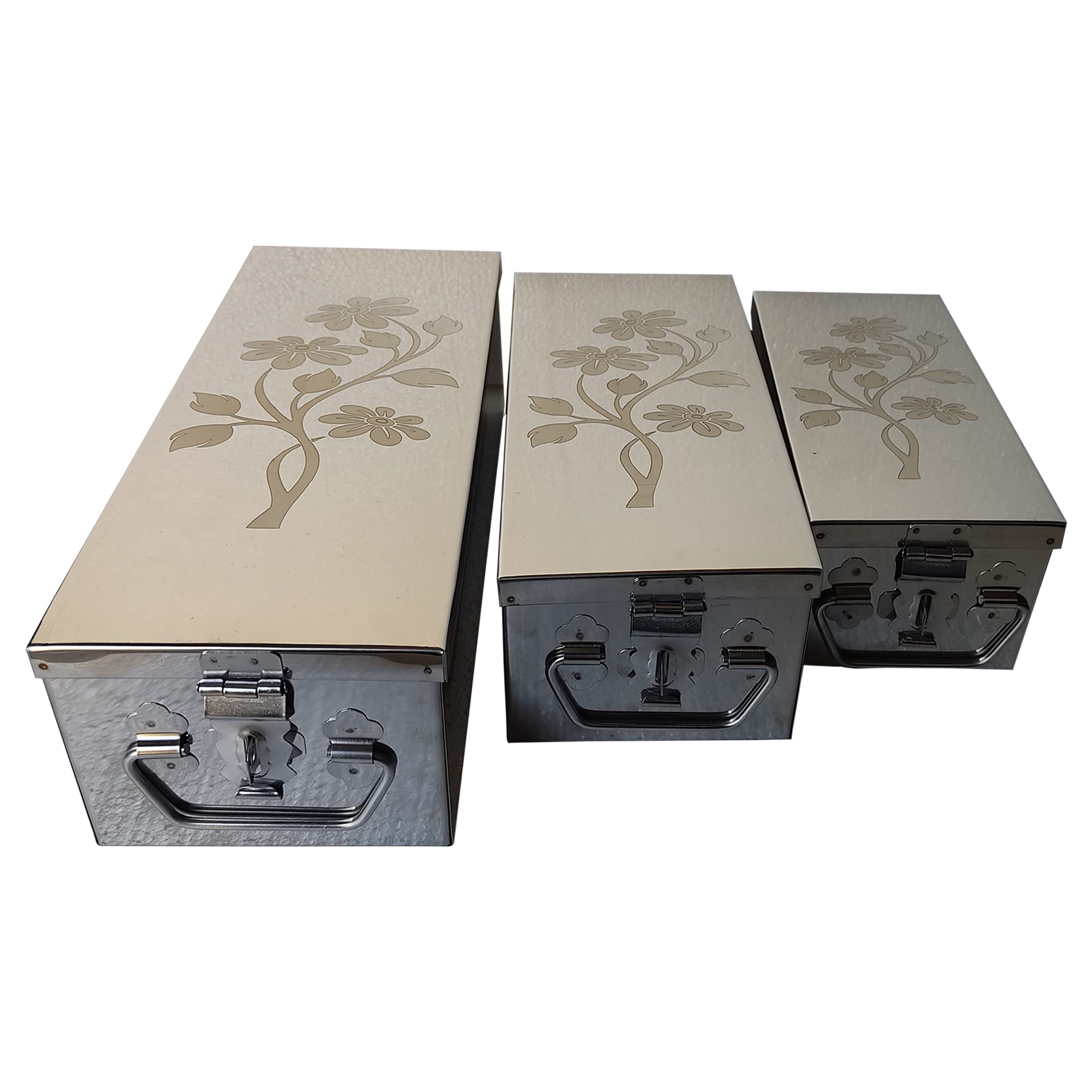 Stainless Steel Locker Jewellery box, Cash,Pooja peti Check book Ext. use With Laser Printed Design Size -8.5 Inch, 10.5 Inch, 12.5 Inch. (Multi-Pack of 3 Box)-image-40