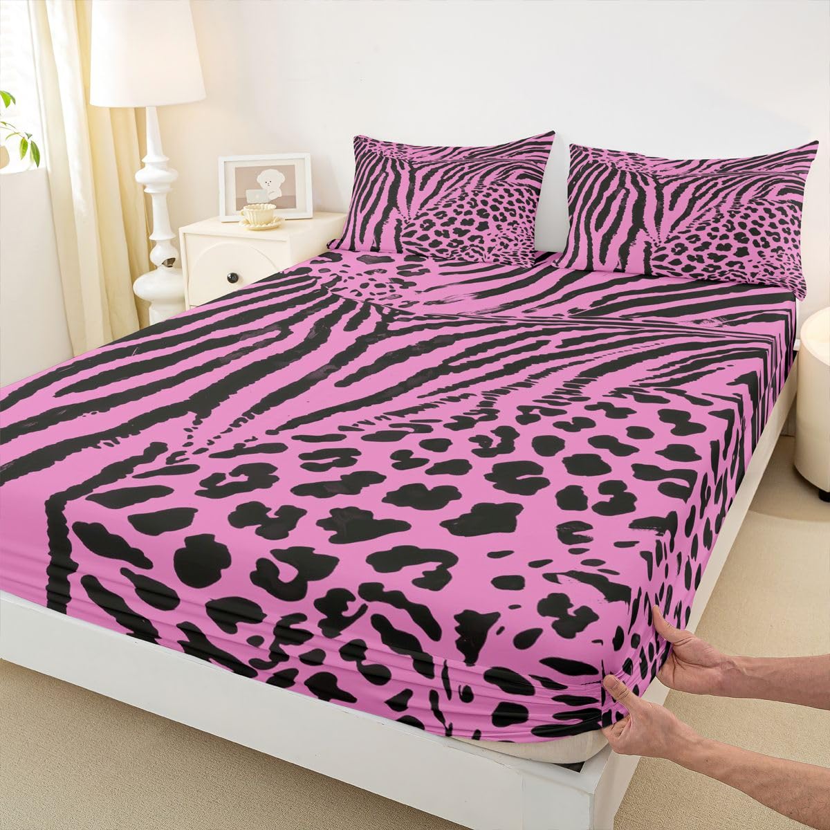 Homewish Zebra Leopard Print Prześcieradła Podwójne Paski Zebra Zestaw Pościeli Gorący Różowy Estetyczny Nadruk Zwierząt Zestaw Pościeli - Czarne Abstrakcyjne Geometryczne Linie Dopasowane Płaskie