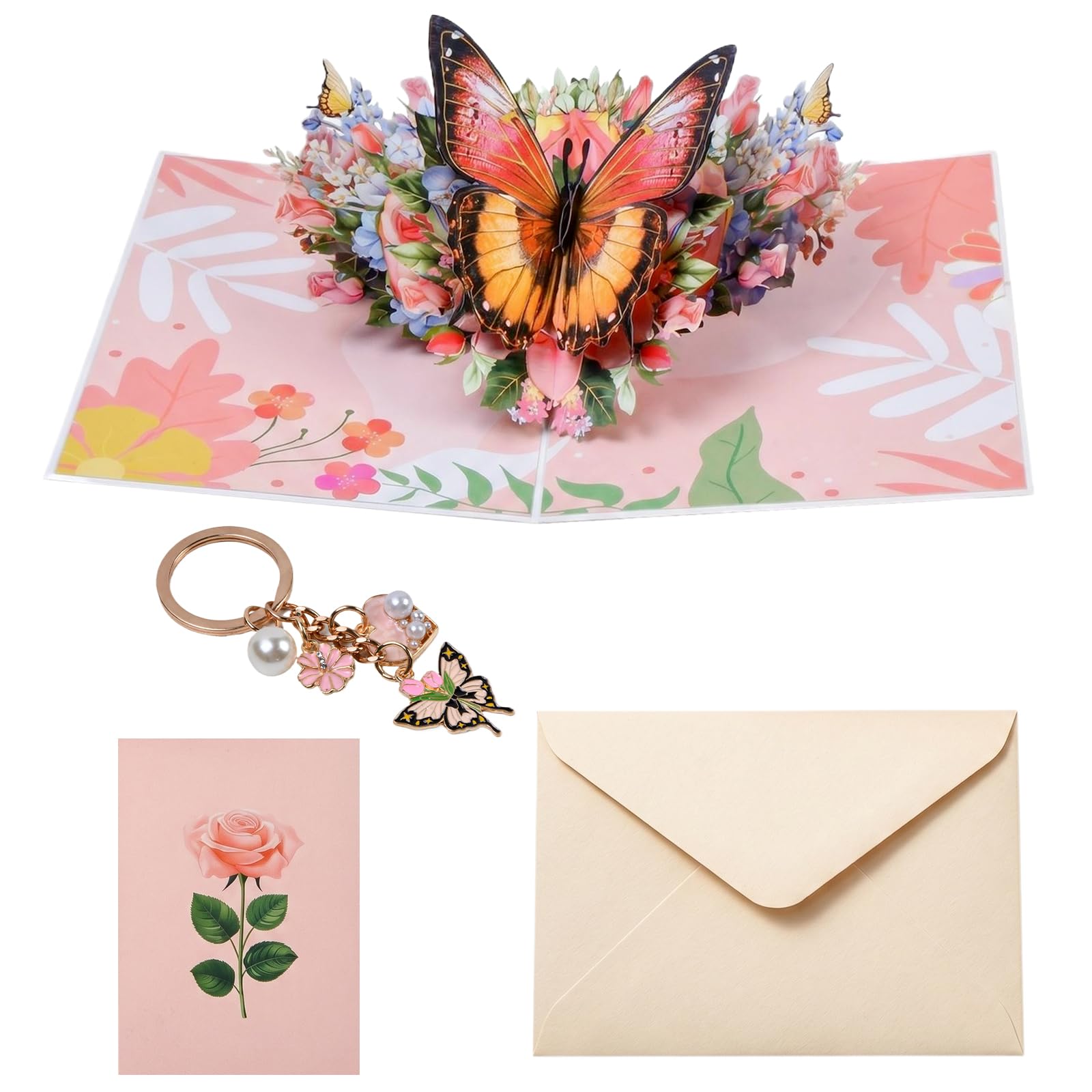 Merzio Butterfly and Flowers Pop Up Birthday Cards with Key Ring, Handmade Greeting Card for Mum Wife Daughter Sister and Friend with Envelope and Note Card
