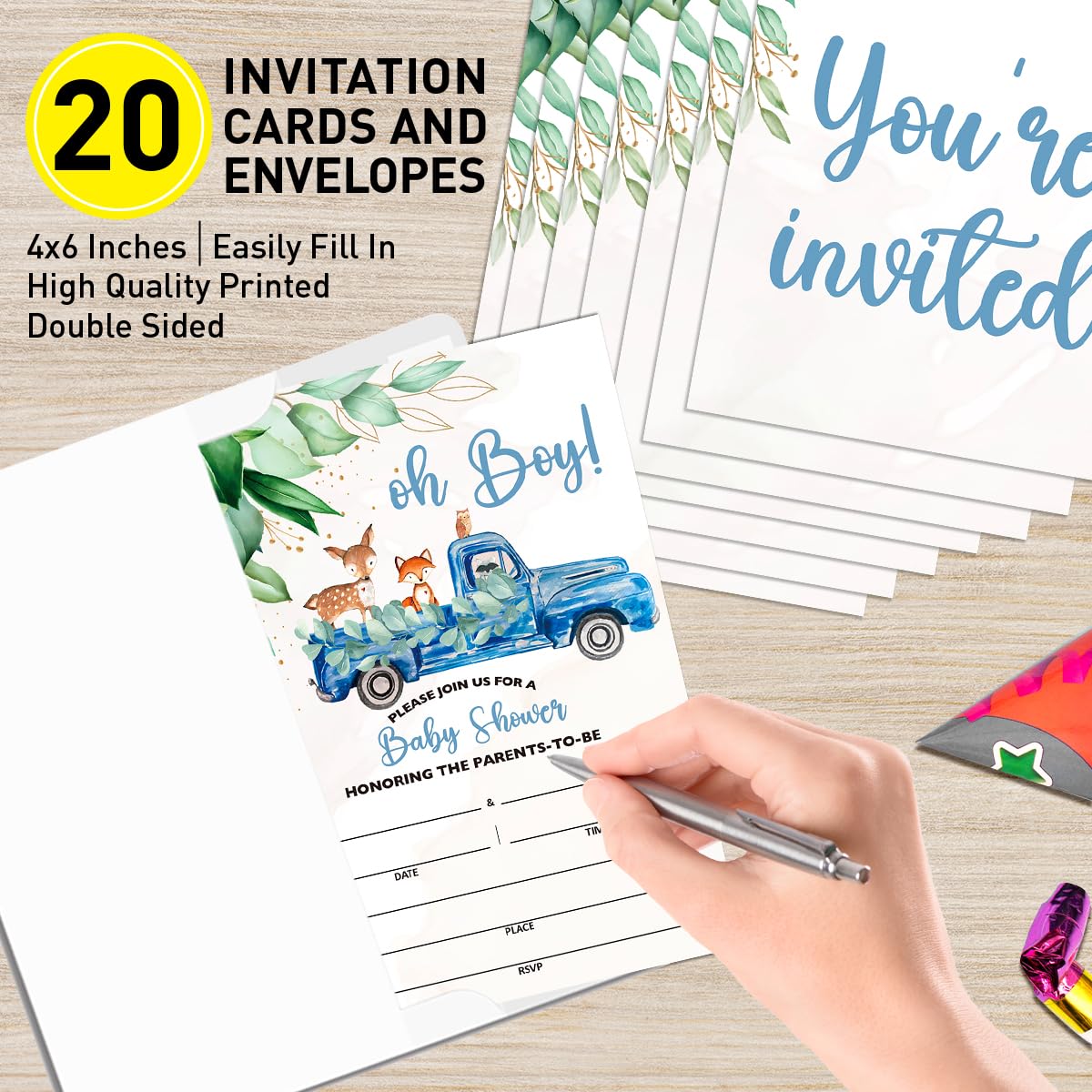UDNADKEX Baby Shower Invitations for Boy Woodland Animal with Envelopes, Invites for Baby Showers Party Greenery, Truck Baby Shower Invite Cards, Oh Boy, 4