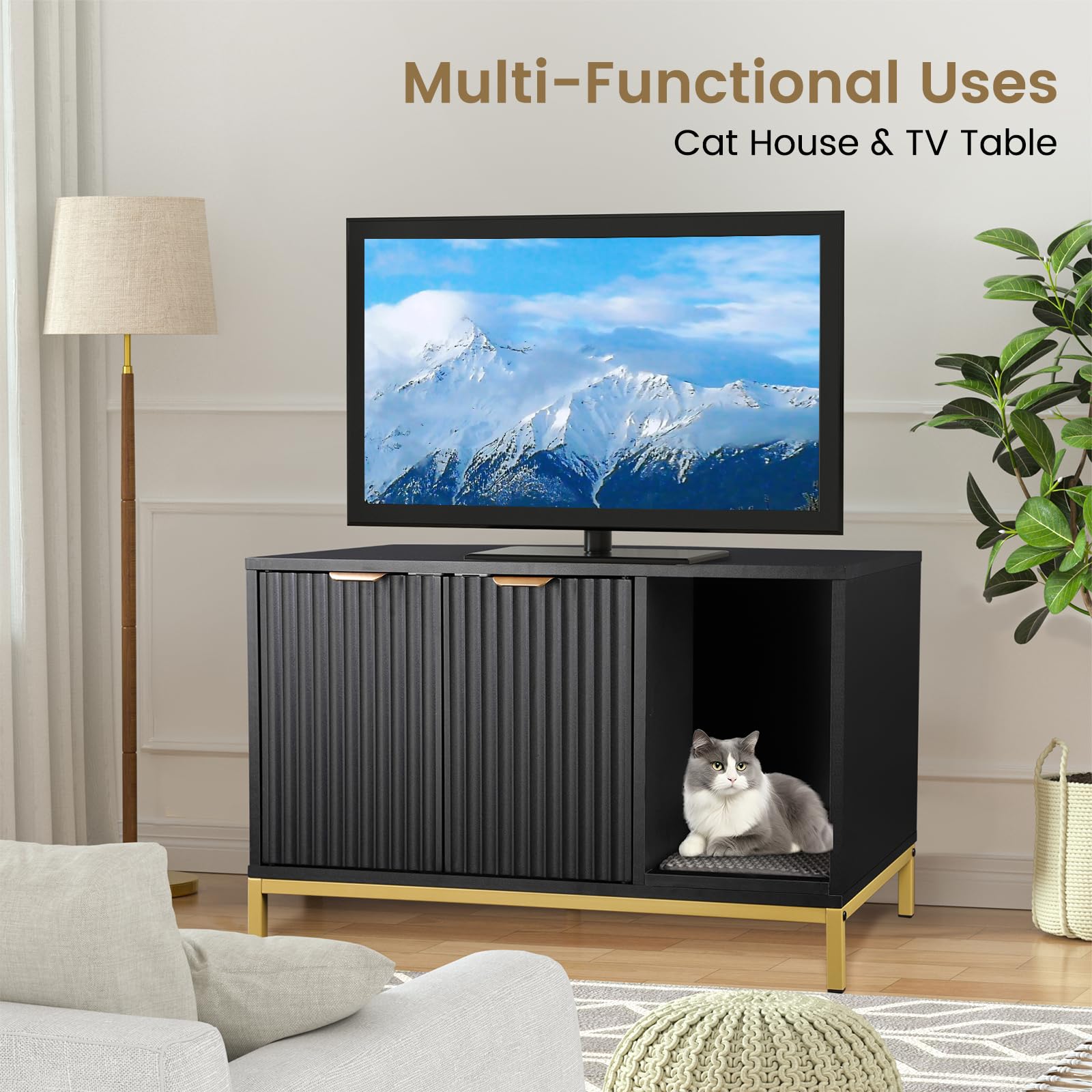 Cat Litter Box Enclosure, Hidden Litter Box Furniture with Metal Legs, Side End Table Indoor Cat House Storage Cabinet 31.5 x 19.7 x 20 Inches (Black + Gold)