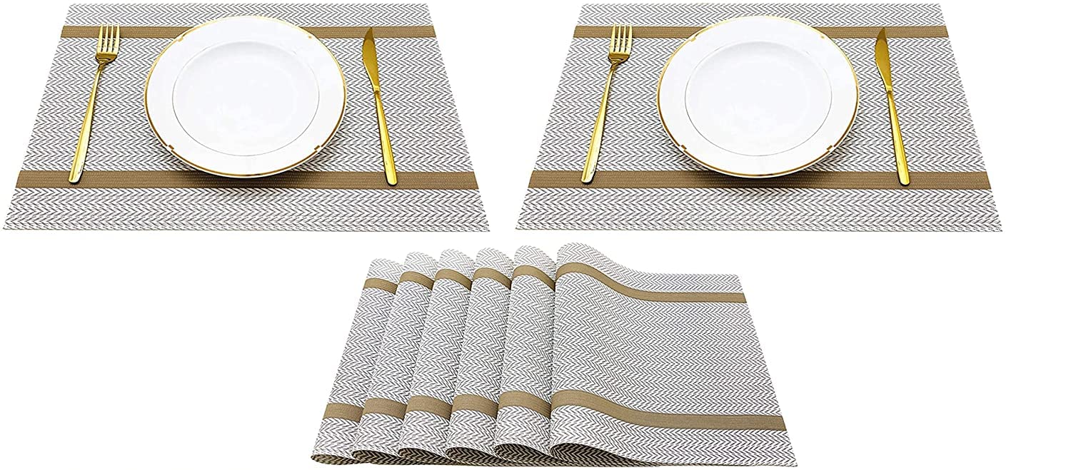 Bhaguji PVC Dining Table Place Mats Easy to Clean Non-Slip Heat Resistant Table Mats Washable Ideal for Home and Restaurant Classy Color (8, GoldWhite)