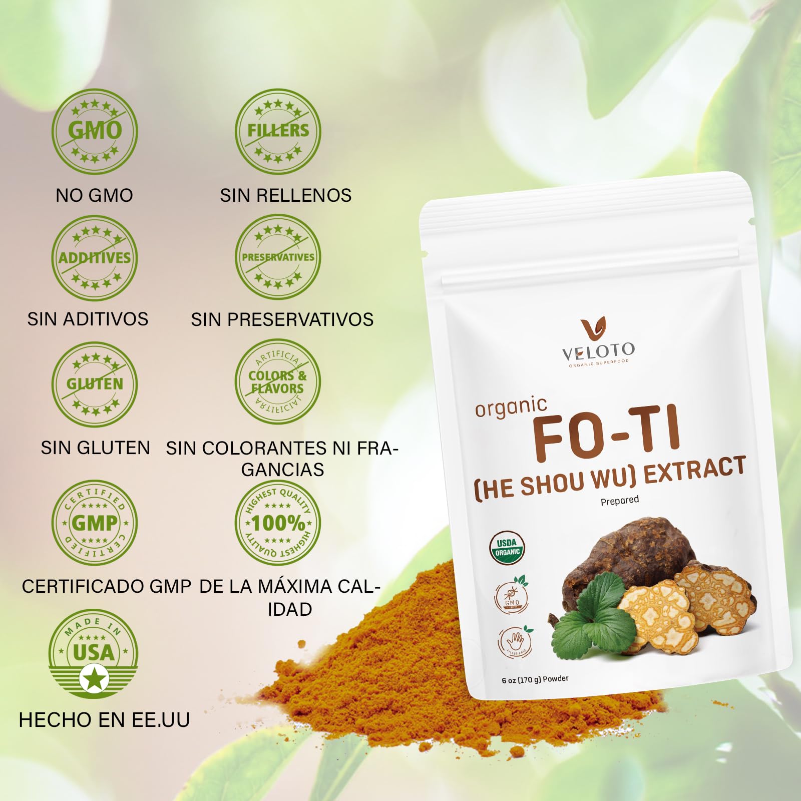 Poudre Organique de He Shou Wu, Extraits de Fo Ti, Herbe Tonique Riche en Nutriments et Antioxydants, Complément pour Soutenir l'Énergie, l'Humeur et le Système Immunitaire, Non-OGM, 170g