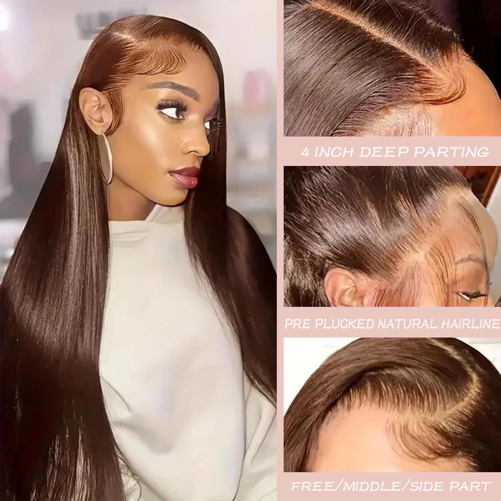 Chocolate Brown Human Hair Wig for Woman 4x4 Swiss Transparent Lace Front Wigs 200 Density Straight Lace Frontal Glueless Wig 28 Inch #4 - Image 4