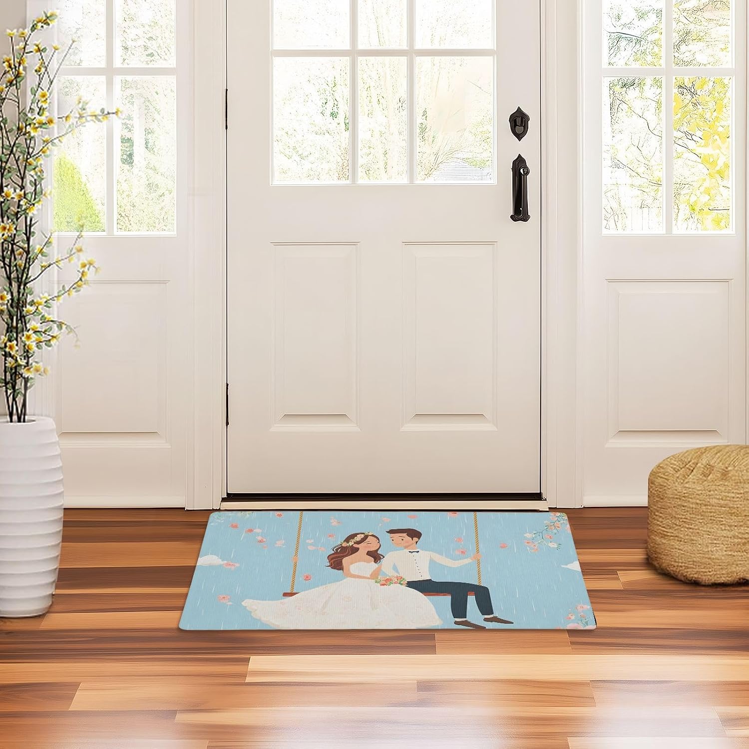 Wedding Couple Swing Flower Door Mat Indoor Outdoor Entrance Doormat Non-Slip Absorbent Welcome Mat 32x20 Inch