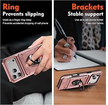 iPhone 17 Pro用ウォレットケース カードホルダー付き + スクリーンプロテクター1枚 カード2枚 & 360°リングキックスタンド ミリタリーグレード 落下 耐衝撃 頑丈なケース iPhone 17 Pro 6.3インチ用 ローズゴールド