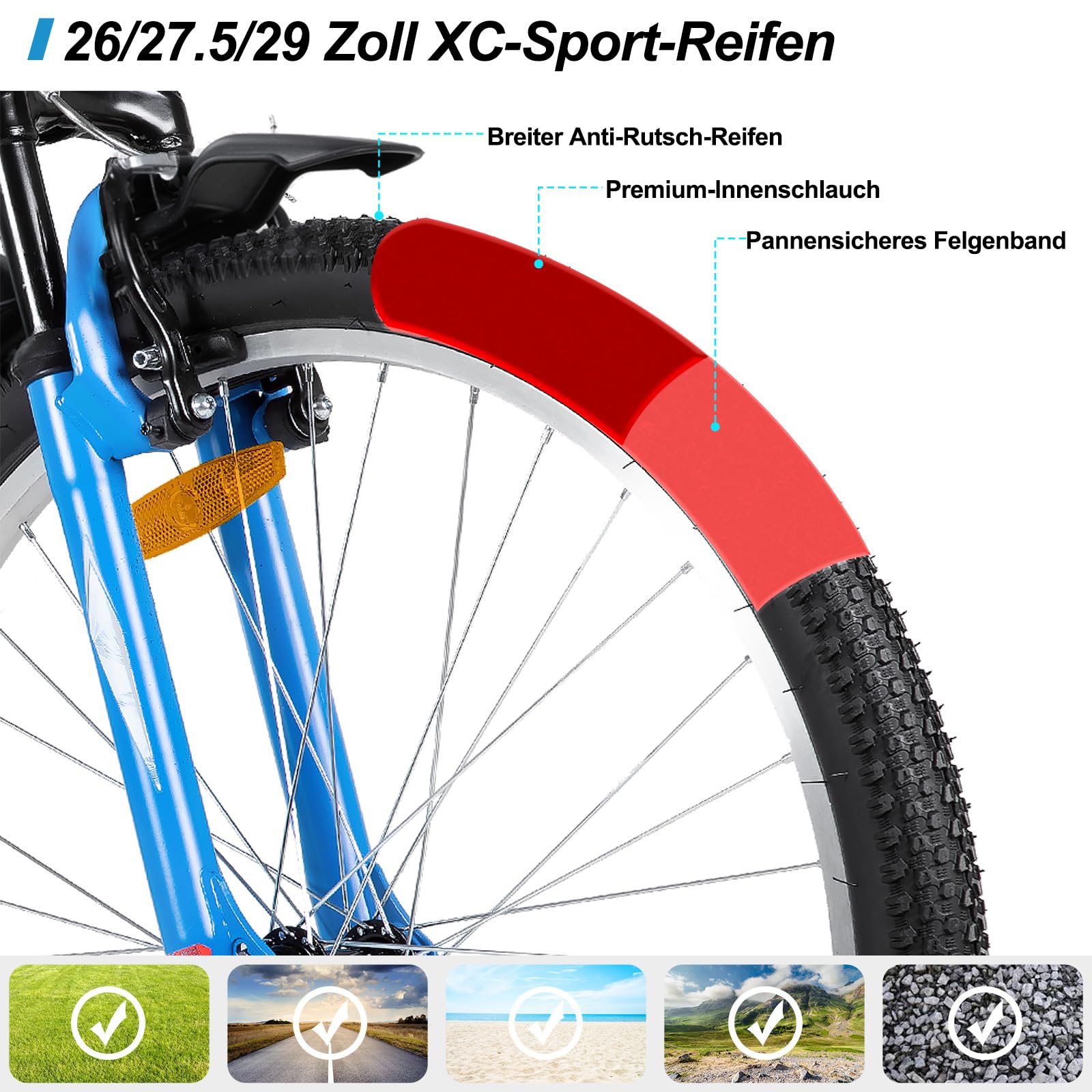 HILAND 26 27,5 29 Zoll Mountainbike, V-Bremsen, Herren und Damen Fahrrad mit 18-Gang, Mountainbike für Erwachsene, MTB für Männer Frauen, Schwarz/Blau/Grau